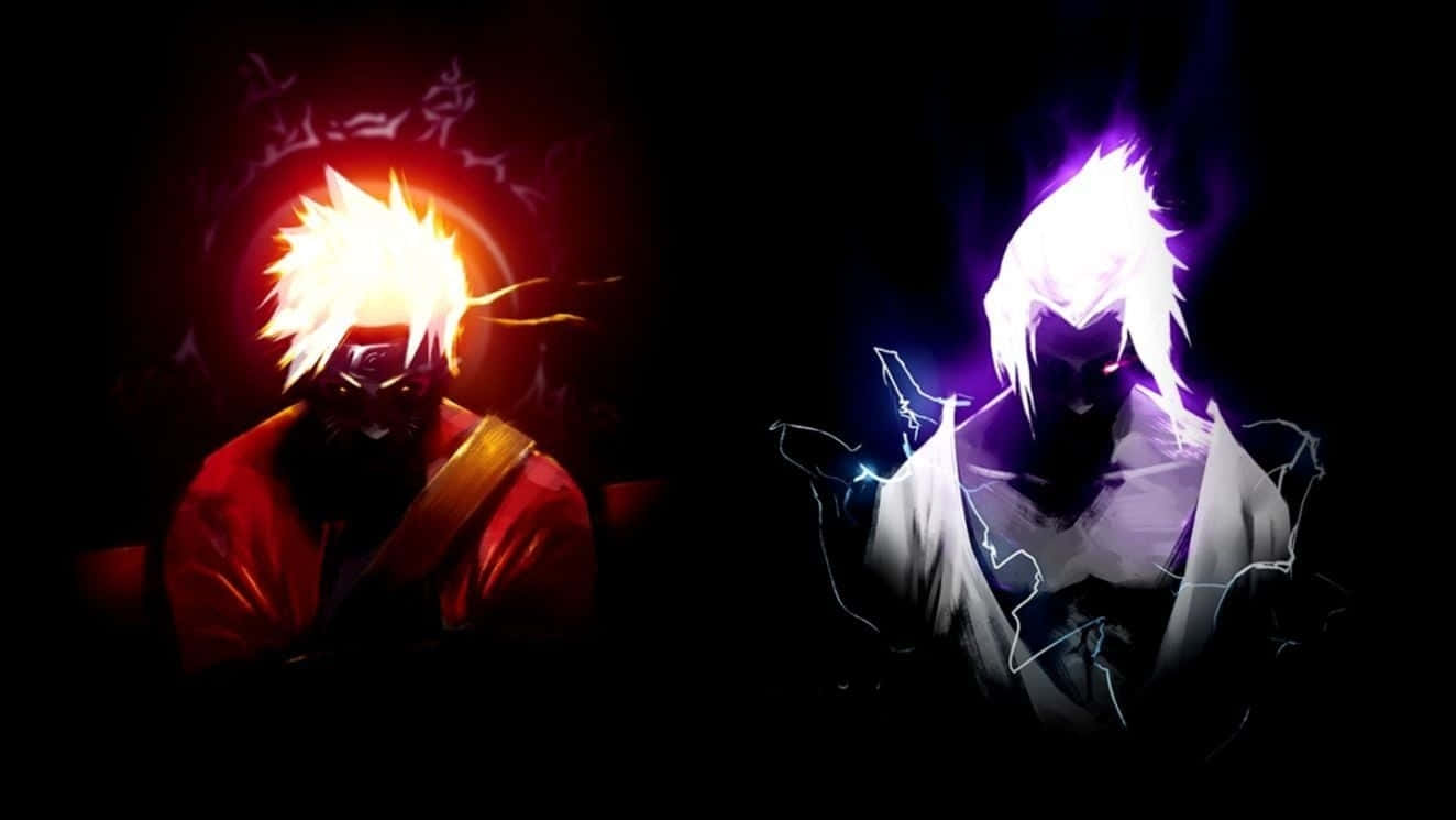 sasuke uchiha 桌布 壁紙 — 兩個動漫角色在黑暗背景中散發出火紅和電紫的查克拉光芒。