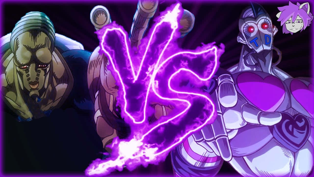 Jojo's Bizarre Adventure Atum 桌布 壁紙 — 兩個動漫角色在黑暗背景前對峙，中間有一個發光的紫色「VS」標誌。
