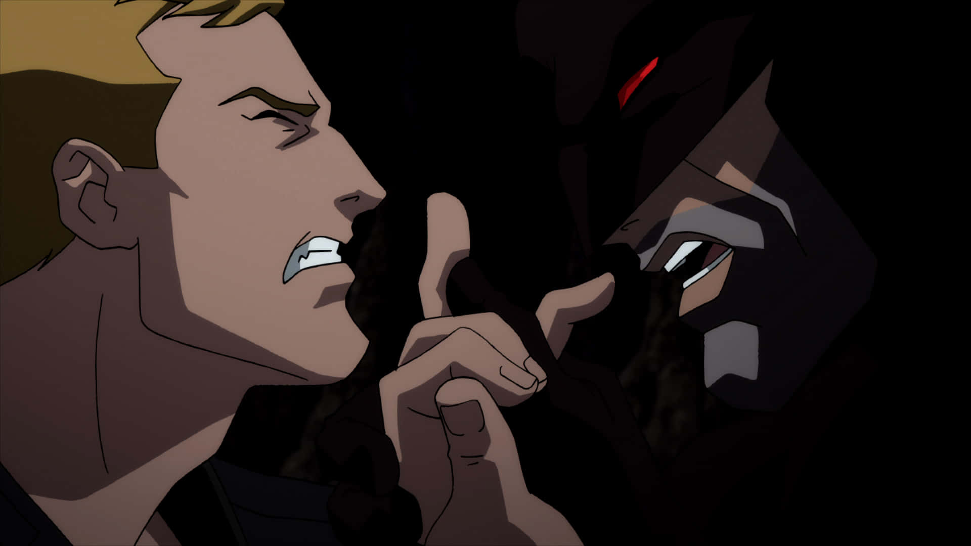 Justice League The Flashpoint Paradox 桌布 壁紙 — 兩個動漫角色在黑暗陰影的環境中，以發光的紅眼和緊握的拳頭進行緊張的對峙。