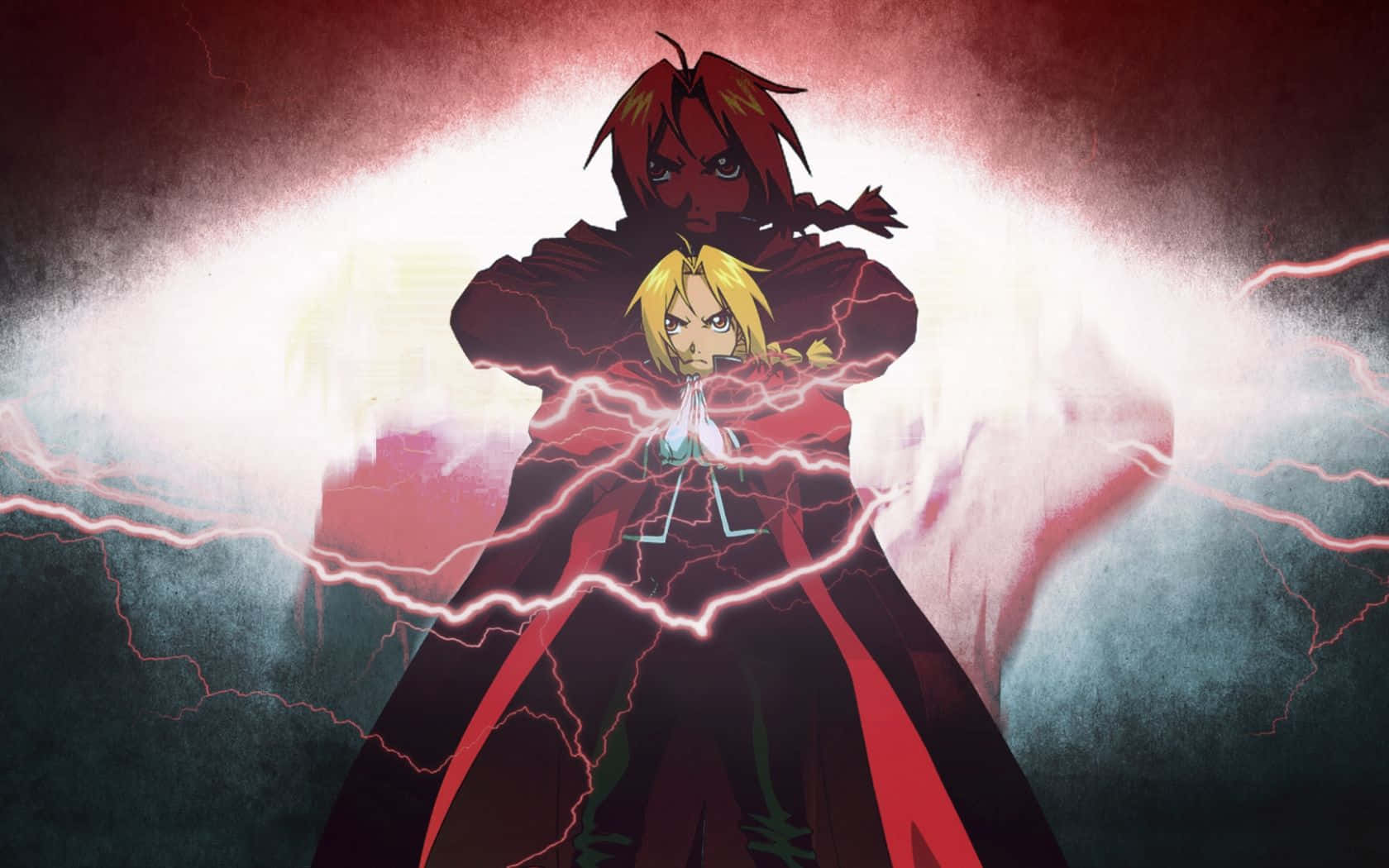 edward elric 桌布 壁紙 — 兩個動漫角色在黑暗風暴背景下，伴隨著劈啪作響的紅色閃電碰撞。