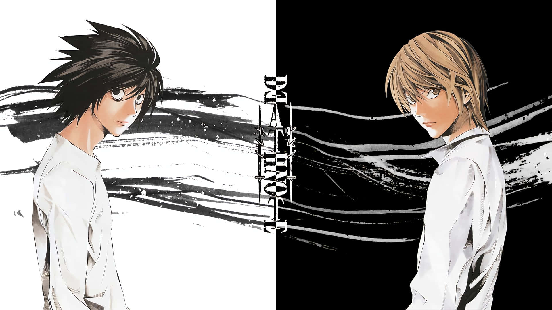 Light Yagami 桌布 壁紙 — 兩個動漫角色在黑白分明的背景上對峙，帶有動態筆觸。