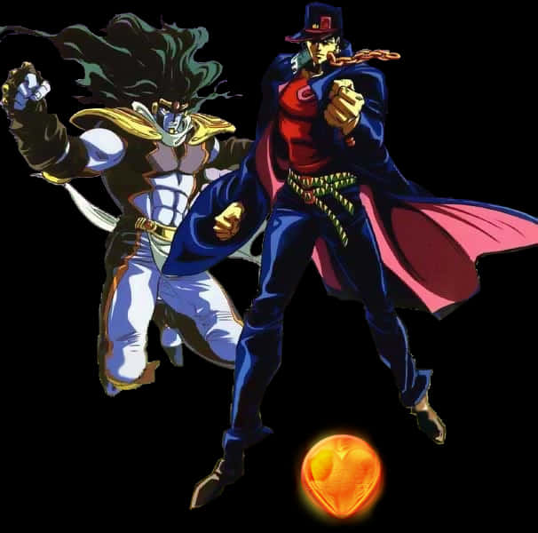 Star Platinum 桌布 壁紙 — 兩個動漫角色在黑色背景上擺出動態戰鬥姿勢，下方有一個發光的橙色球體。