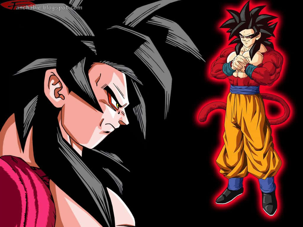 Goku Ssj4 桌布 壁紙 — 兩個動漫角色在黑色背景上擺出激烈姿勢，帶有紅色能量光環。