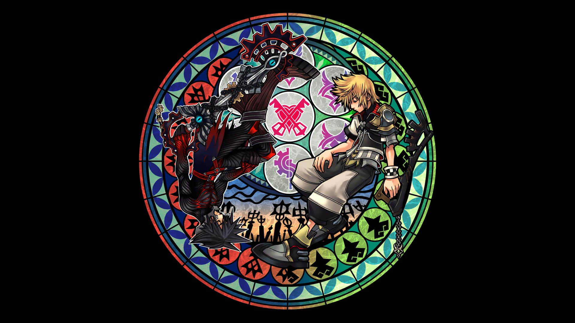 Kingdom Hearts Organization 13 桌布 壁紙 — 兩個動漫角色在黑色背景上的彩色玻璃圓圈內交鋒。