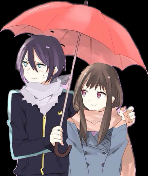 Anime Render 桌布 壁紙 — 兩個動漫角色在黑色背景下一同撐著紅色傘，一個表情嚴肅，另一個溫暖微笑。