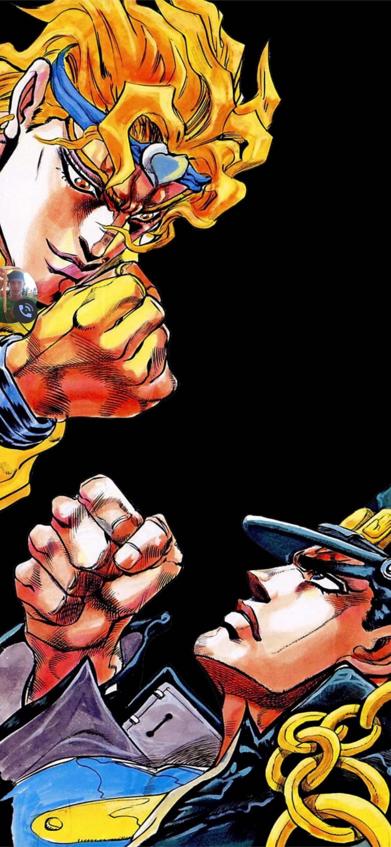 Jojo's Bizarre Adventure 桌布 壁紙 — 兩個動漫角色在黑色背景下進行緊張的拳擊戰鬥，頭髮如火，表情激烈。