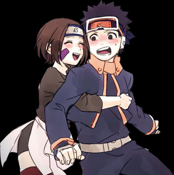 Obito Uchiha 桌布 壁紙 — 兩個動漫角色在黑色背景前快樂地擁抱，表情豐富，衣著鮮豔。