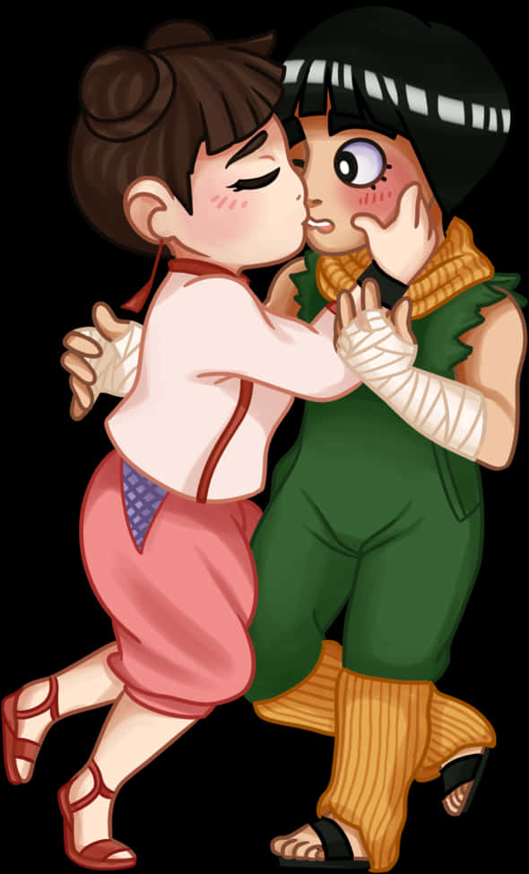 Rock Lee 桌布 壁紙 — 兩個動漫角色在黑色背景前溫柔擁吻，帶有柔和腮紅和富有表現力的眼睛。