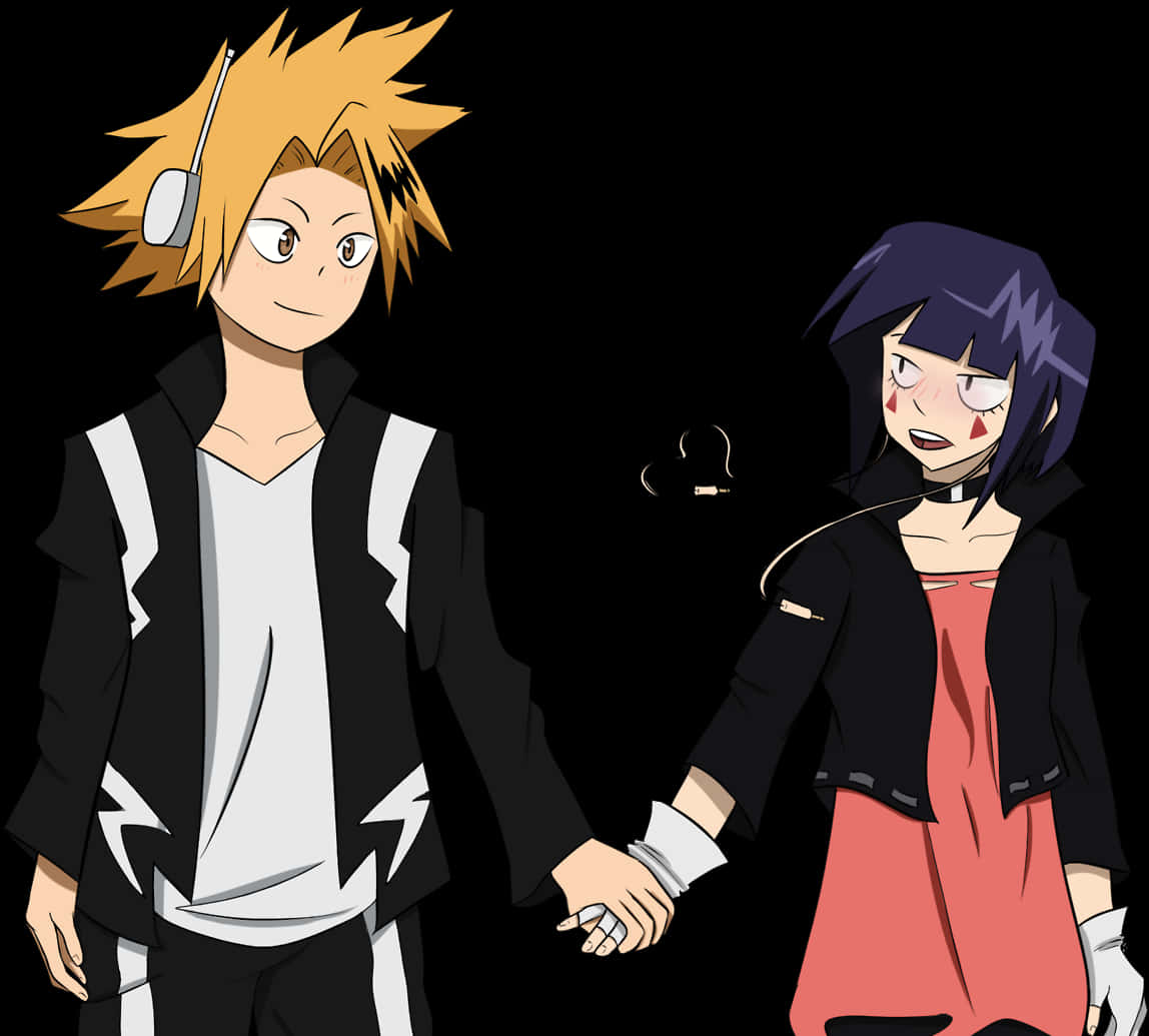 My Hero Academia Anime 桌布 壁紙 — 兩個動漫角色在黑色背景前牽手，一個有尖刺金髮和耳機，另一個有紫色頭髮和紅色臉紅。