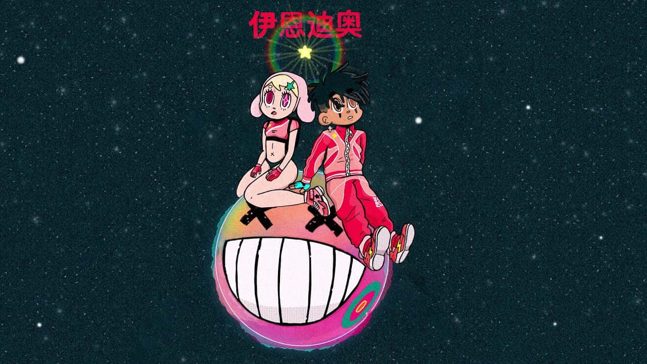兩個動漫角色坐在太空中微笑的星球上 — 說唱歌手 壁紙