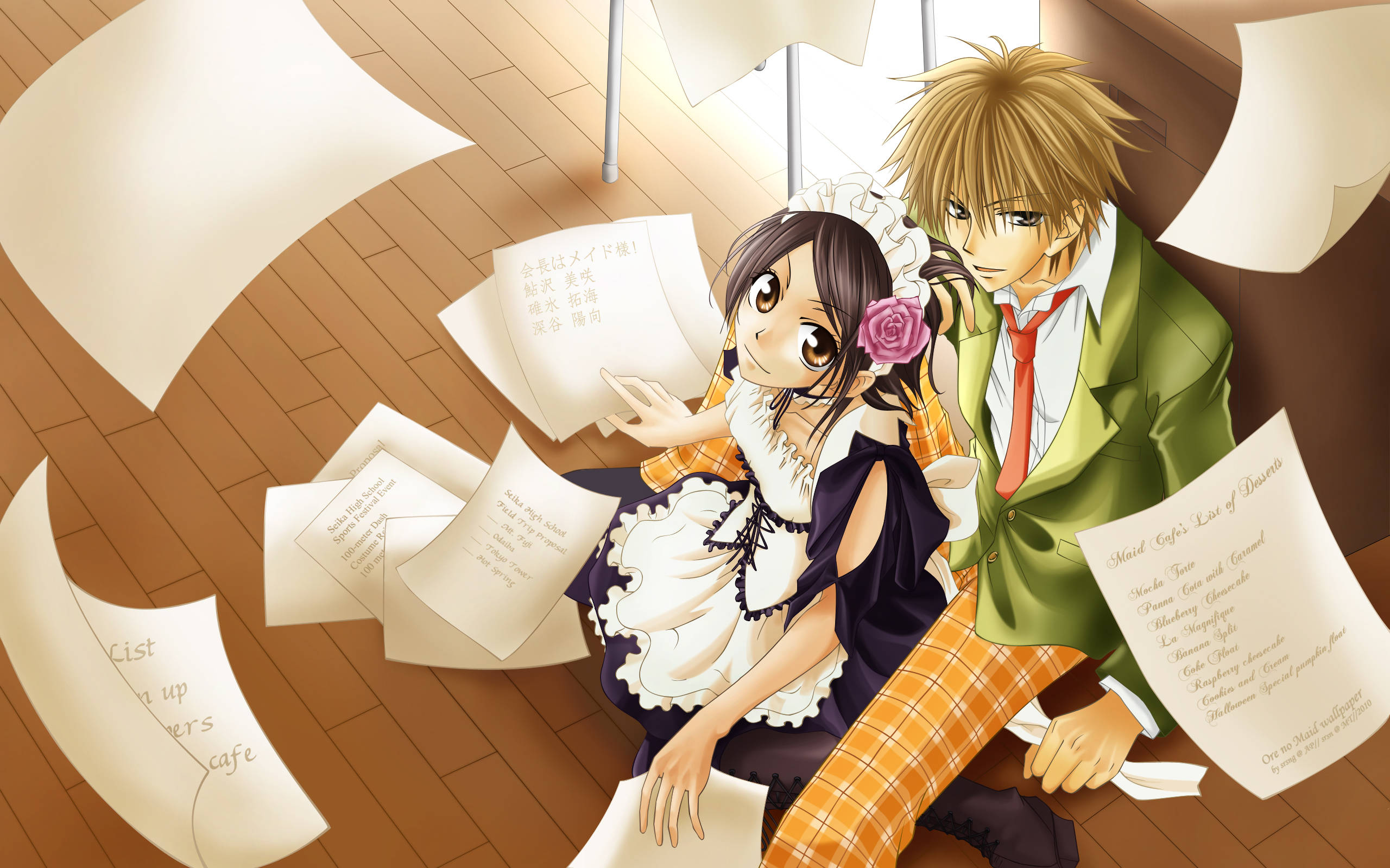 Kaichou Wa Maid Sama 桌布 壁紙 — 兩個動漫角色坐在一個溫暖照明的木房間中，周圍漂浮著紙張，被手寫清單包圍。