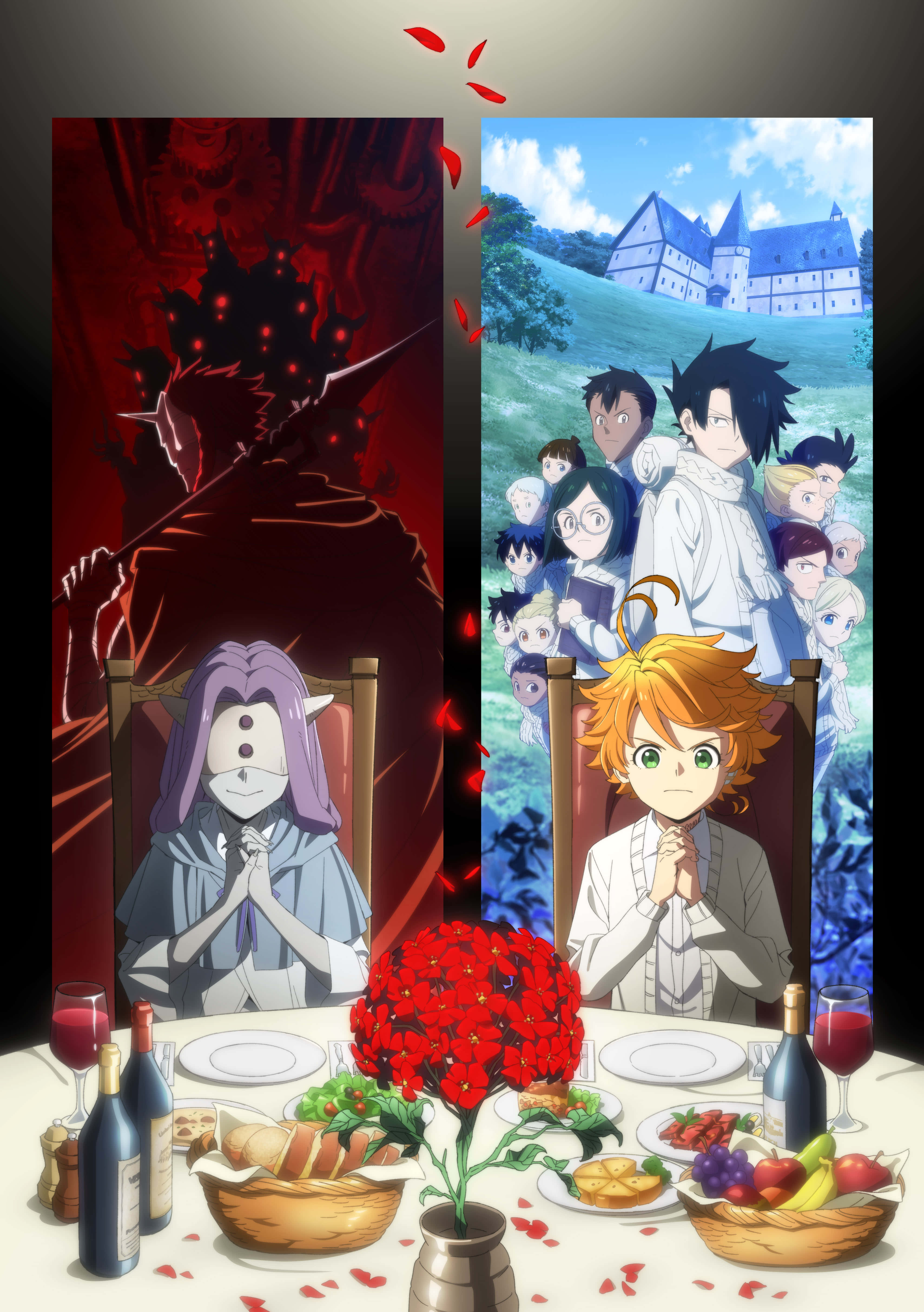 The Promised Neverland Mujika 桌布 壁紙 — 兩個動漫角色坐在一個節日的晚餐桌旁，桌上有紅花和酒瓶，被一個深紅色的惡魔形象從他們身後分開。