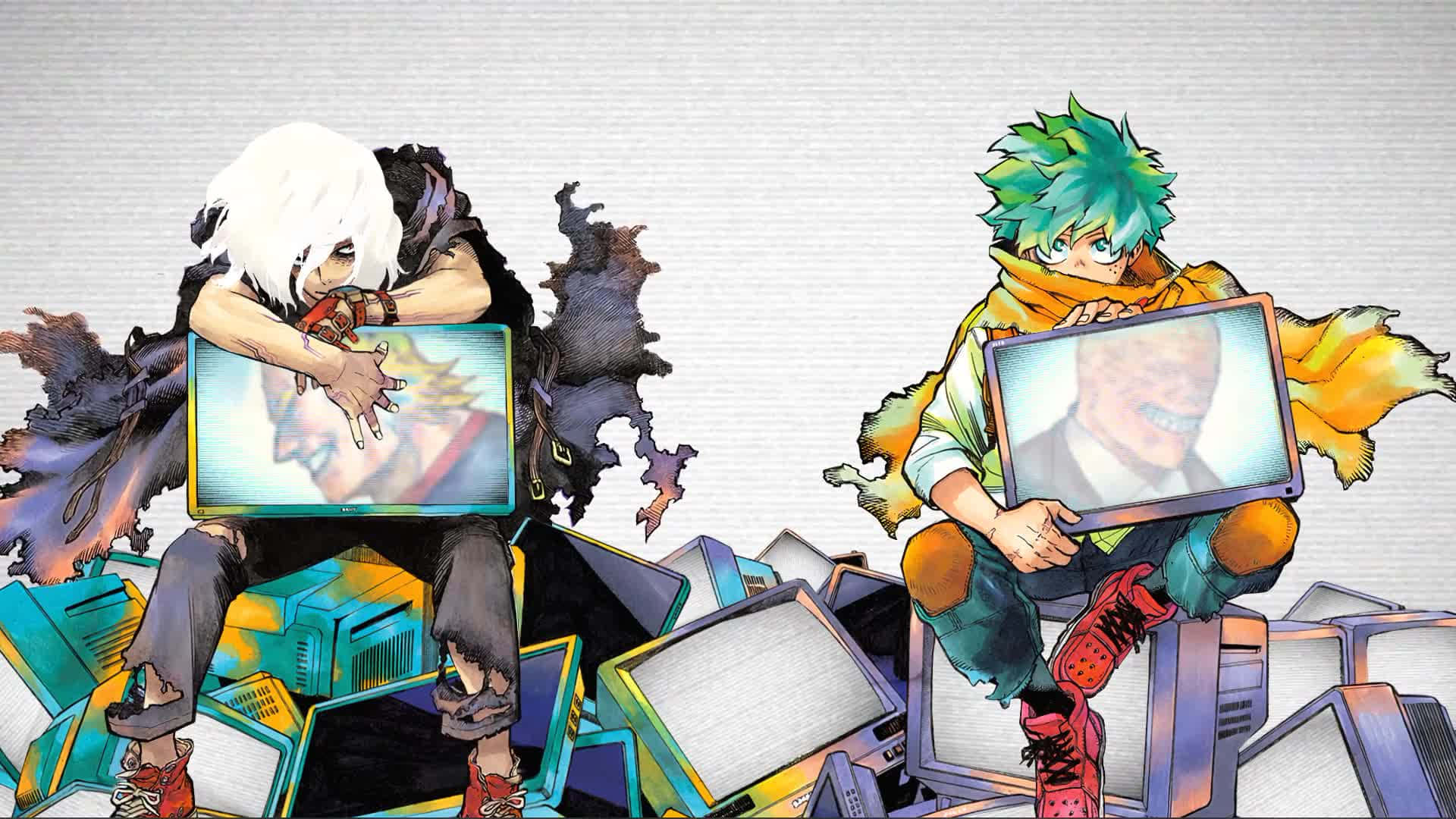 My Hero Academia Laptop 桌布 壁紙 — 兩個動漫角色坐在一堆破爛顯示器上，每人手持一個螢幕，螢幕在紋理灰色背景上顯示一張臉。