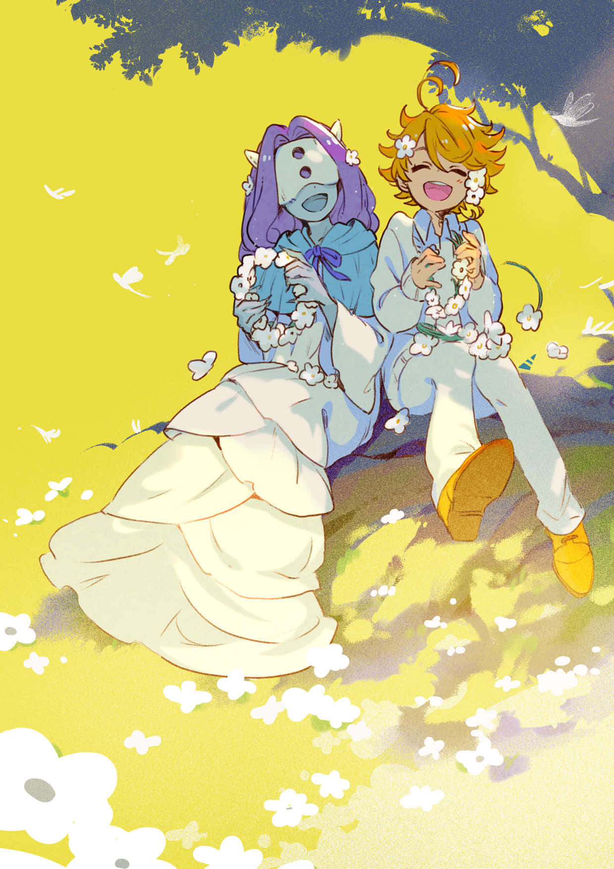 The Promised Neverland Mujika 桌布 壁紙 — 兩個動漫角色坐在一棵樹下，周圍是飄落的白色花朵，背景是明亮的黃色田野。