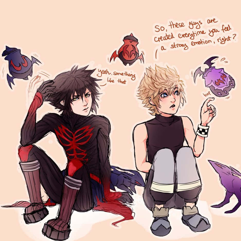 Kingdom Hearts Ventus 桌布 壁紙 — 兩個動漫角色坐在一群小生物精靈中間，在純米色背景上討論他們的情感起源。