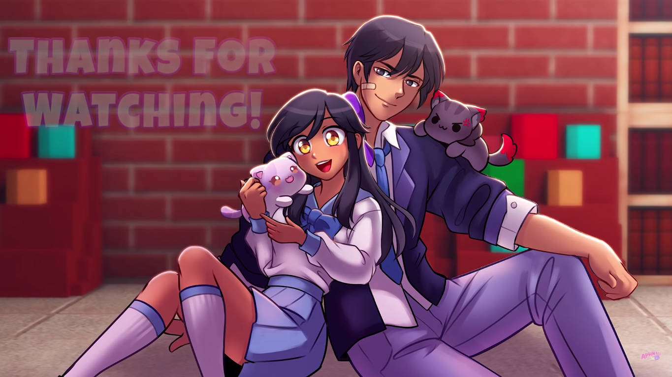 Aphmau 桌布 壁紙 — 兩個動漫角色坐在一起，抱著毛絨貓咪，背景是磚牆，上面有彩色積木和一個「謝謝觀看」的標誌。