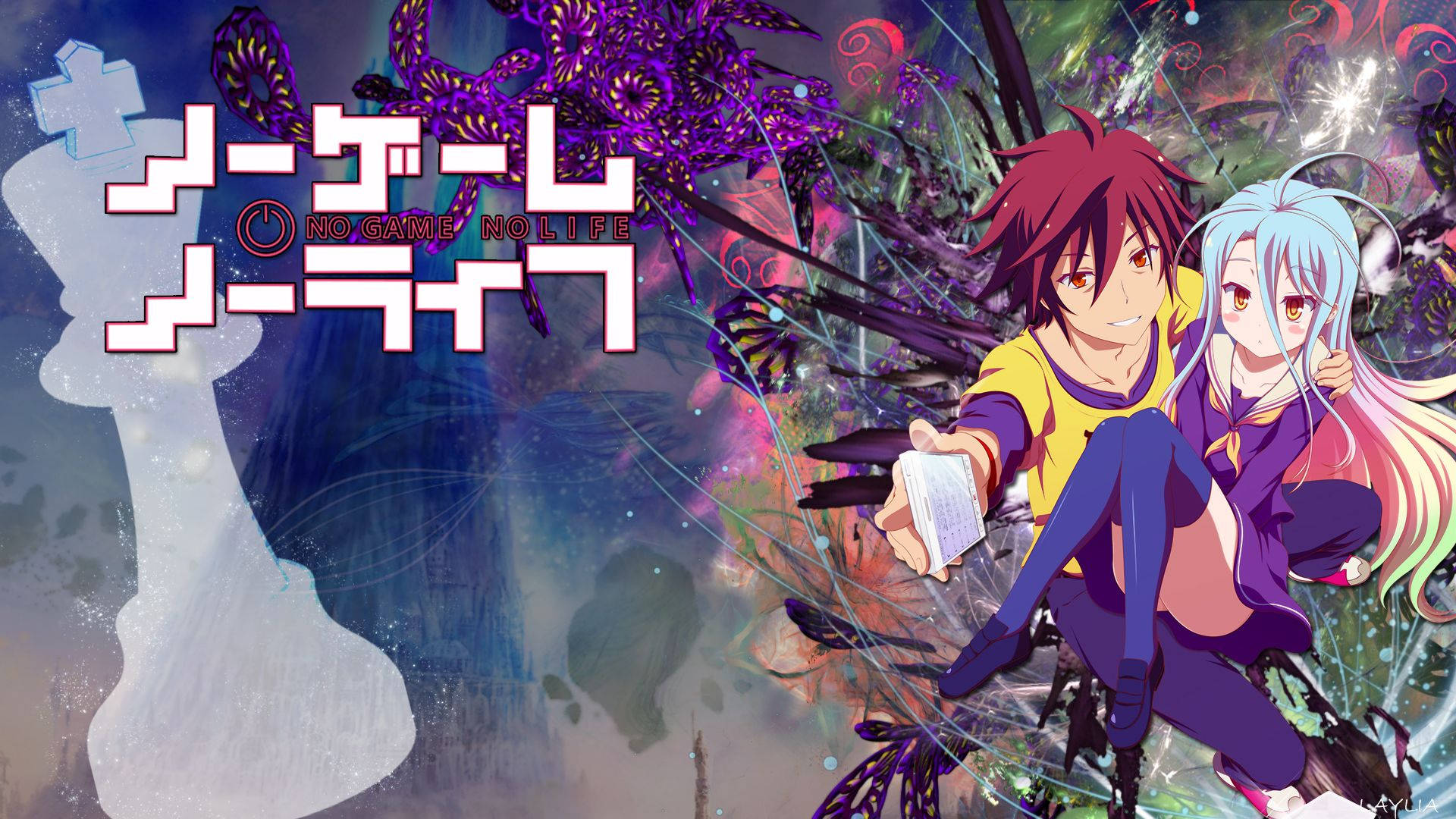 game 桌布 壁紙 — 兩個動漫角色坐在一起，背景是充滿活力的宇宙，有發光粒子和一個巨大的棋子。