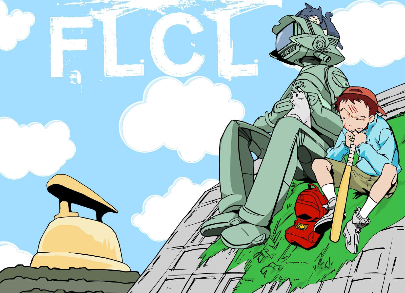 Flcl Canti 桌布 壁紙 — 兩個動漫角色坐在屋頂上，一個穿著綠色裝甲服抱著貓，另一個穿著藍色襯衫的男孩拿著球棒，在明亮的藍天白雲和FLCL字母下。