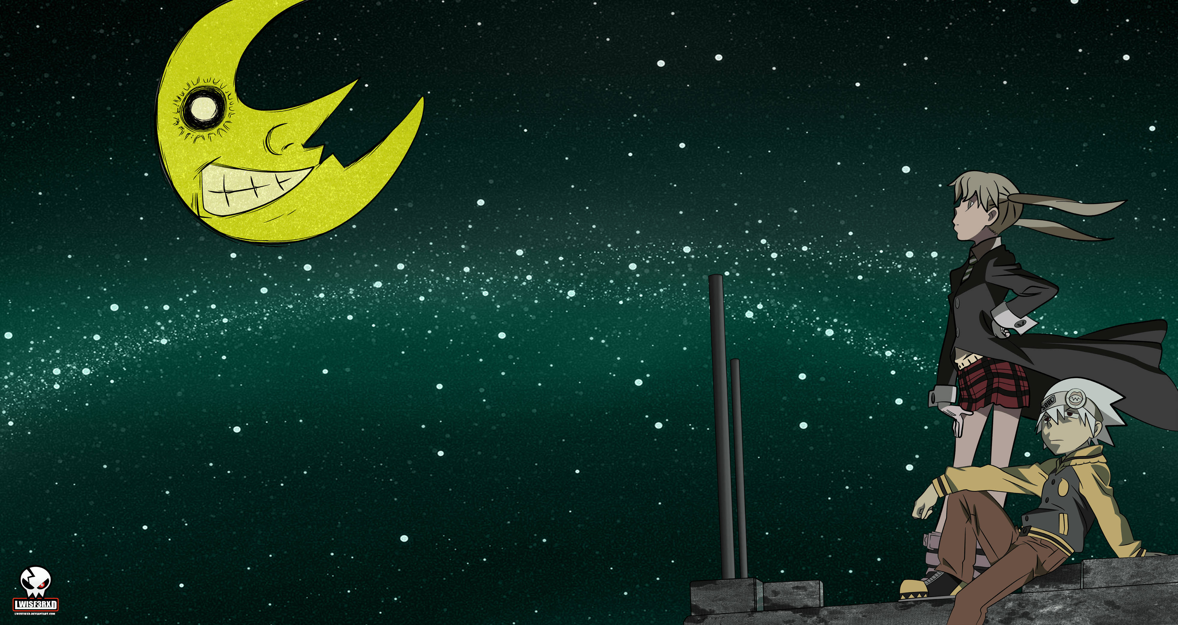 Soul Eater 桌布 壁紙 — 兩個動漫角色坐在屋頂上，微笑的彎月下，背景是繁星點點的綠色夜空。