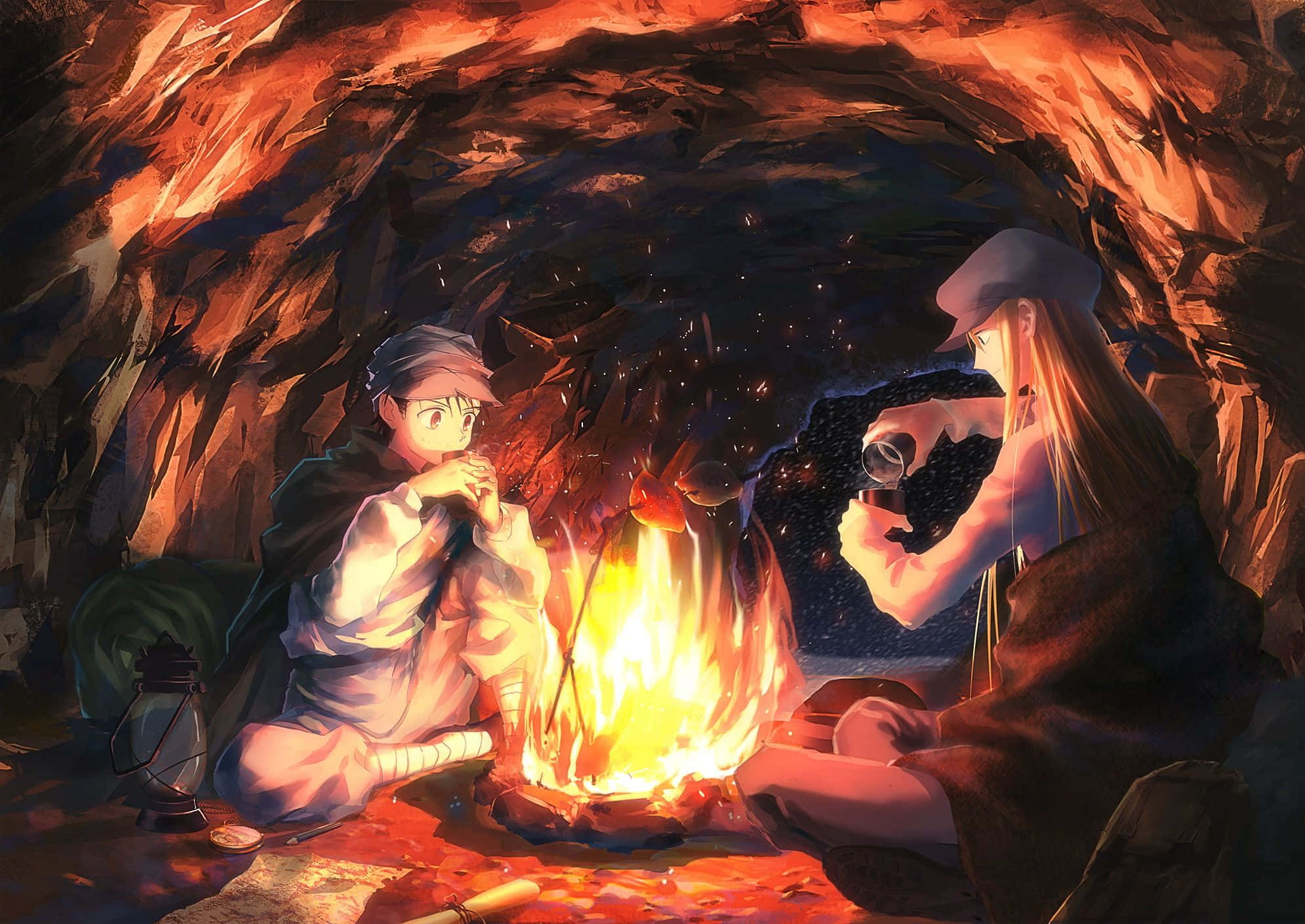 Hunter X Hunter 4K 桌布 壁紙 — 兩個動漫角色坐在岩石洞穴內熊熊燃燒的營火旁，洞穴被溫暖的橙色火焰和發光的餘燼照亮。
