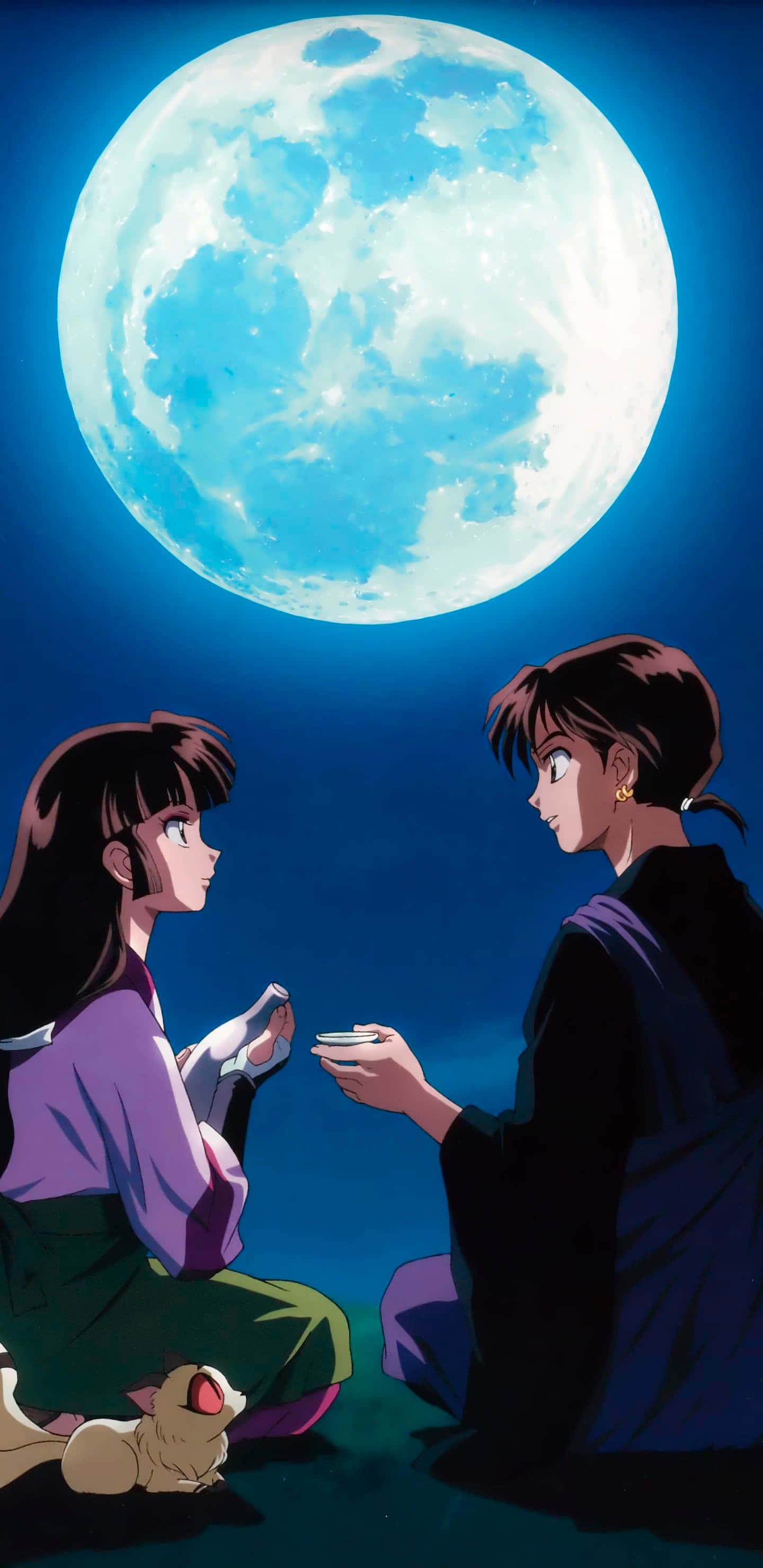 Miroku 桌布 壁紙 — 兩個動漫角色坐在巨大的藍色月亮下，與附近的一隻小貓分享茶。