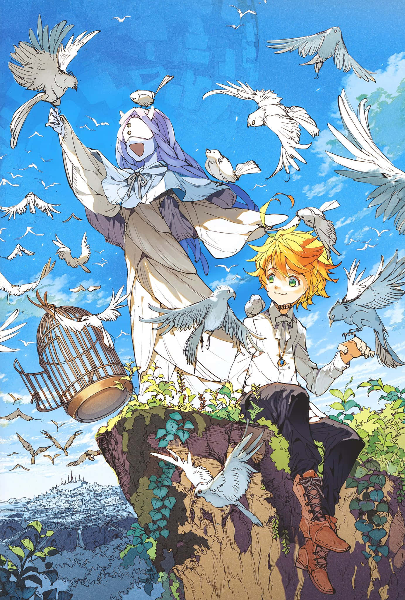 The Promised Neverland Mujika 桌布 壁紙 — 兩個動漫角色坐在懸崖頂上，將白鳥釋放到明亮的藍天中，附近有一個破爛的籠子。