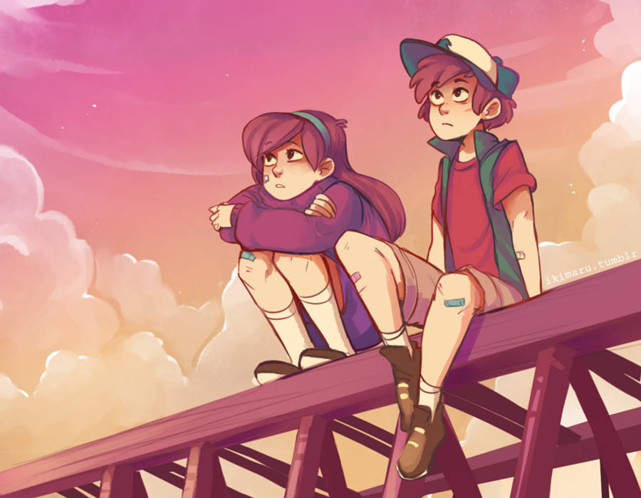 Mabel 桌布 壁紙 — 兩個動漫角色坐在木製雲霄飛車軌道上，背景是粉紅色和橙色的日落天空，有蓬鬆的雲朵。