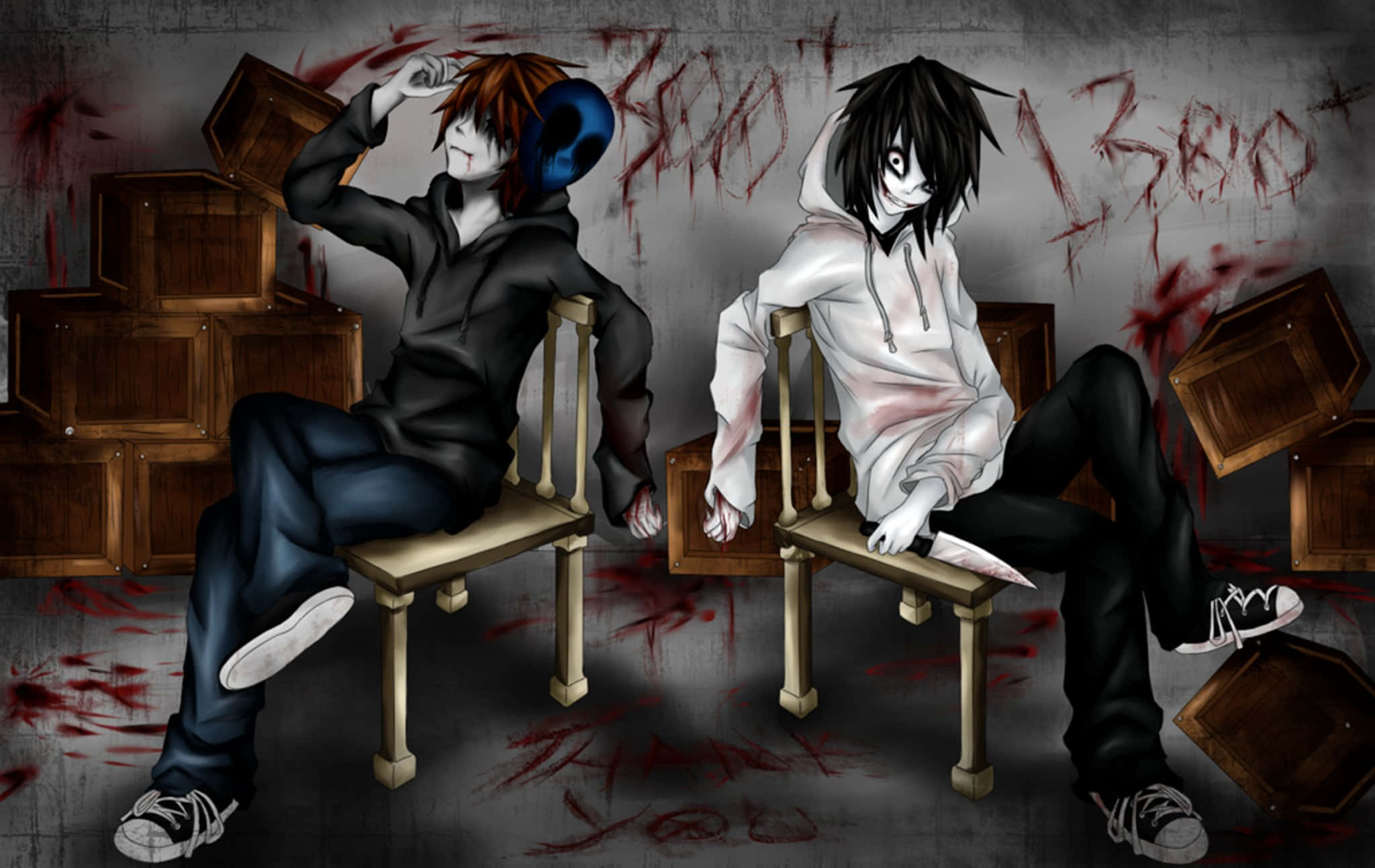Jeff The Killer 桌布 壁紙 — 兩個動漫角色坐在椅子上，周圍散落著木箱，骯髒的牆壁上有血跡。