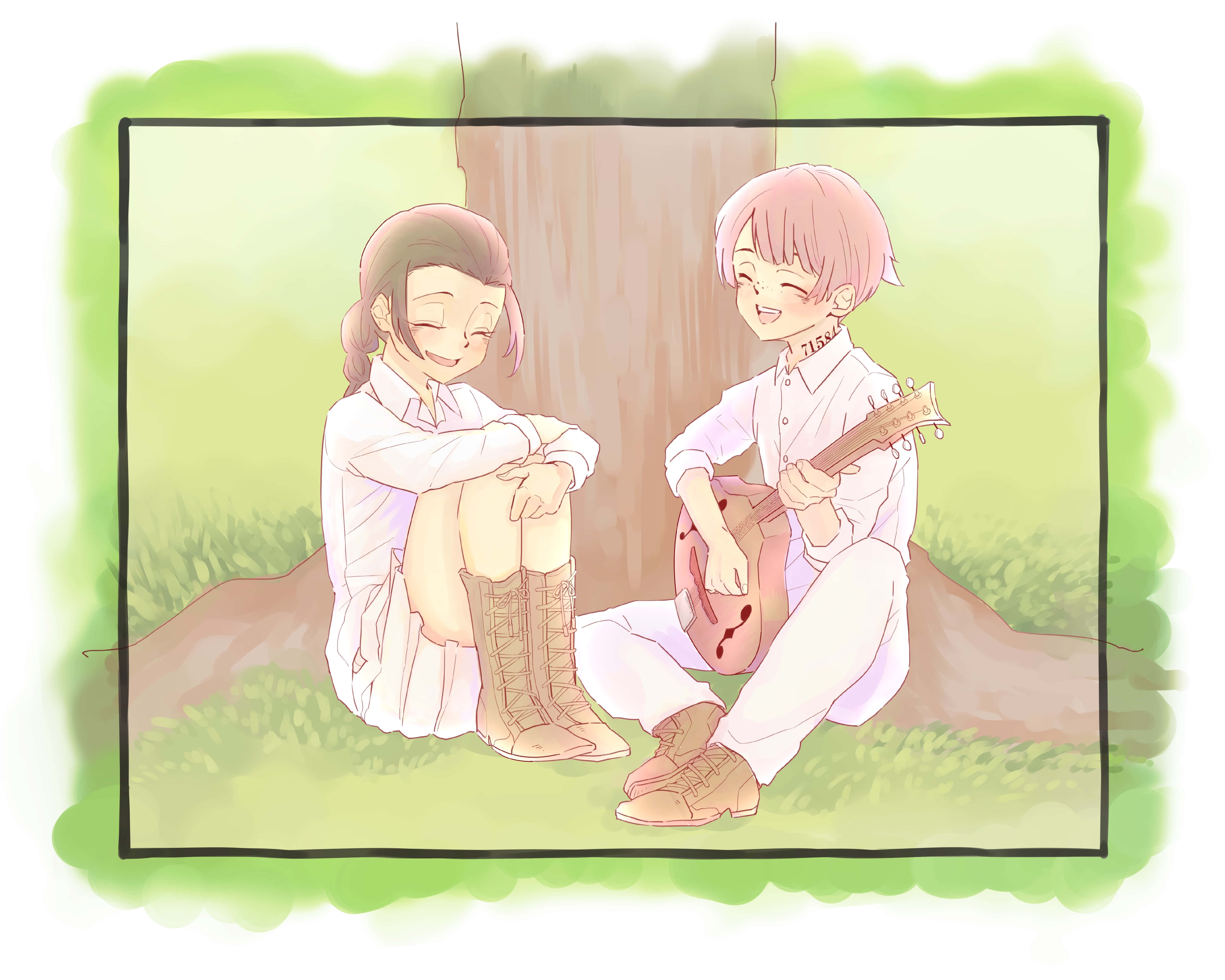 The Promised Neverland Isabella 桌布 壁紙 — 兩個動漫角色坐在樹旁，一個彈吉他，另一個在柔和粉彩光線中溫暖微笑。