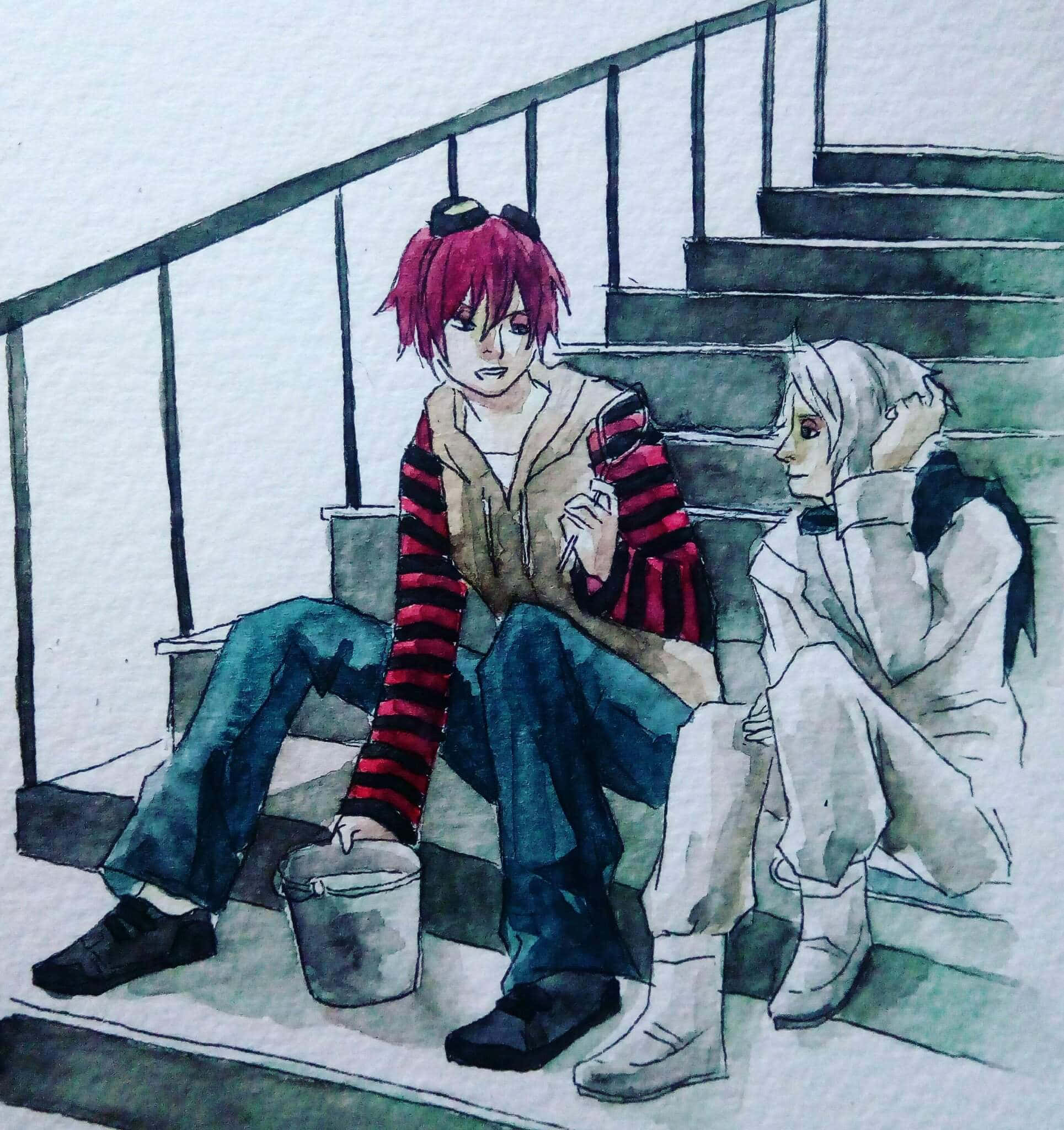 Death Note Matt 桌布 壁紙 — 兩個動漫角色坐在混凝土樓梯上，一個紅頭髮拿著一個桶子，另一個白頭髮看向別處。