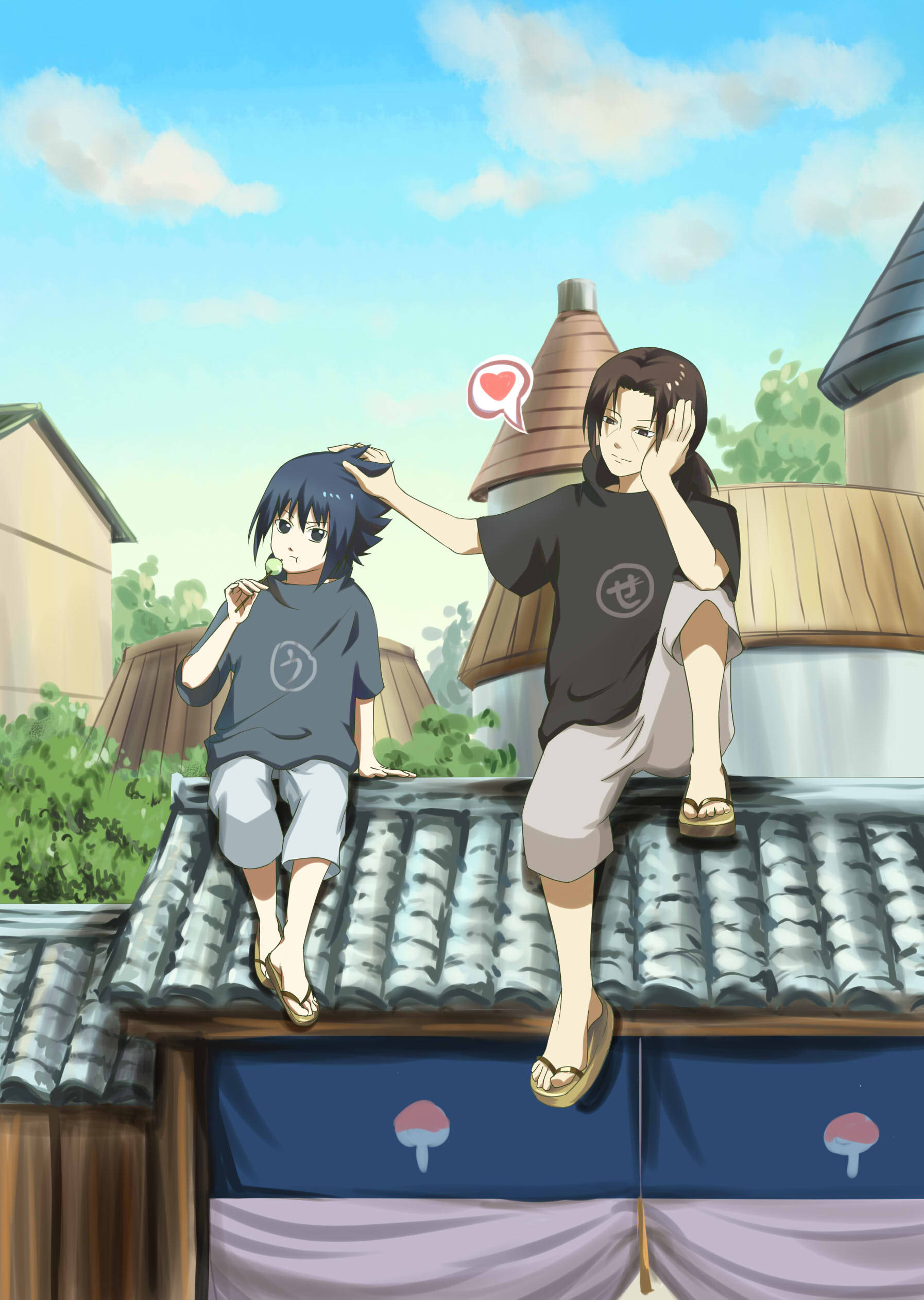 Uchiha 桌布 壁紙 — 兩個動漫角色坐在瓦片屋頂上，其中一個輕輕觸摸另一個的頭，背景是晴朗的藍天和蓬鬆的雲朵。