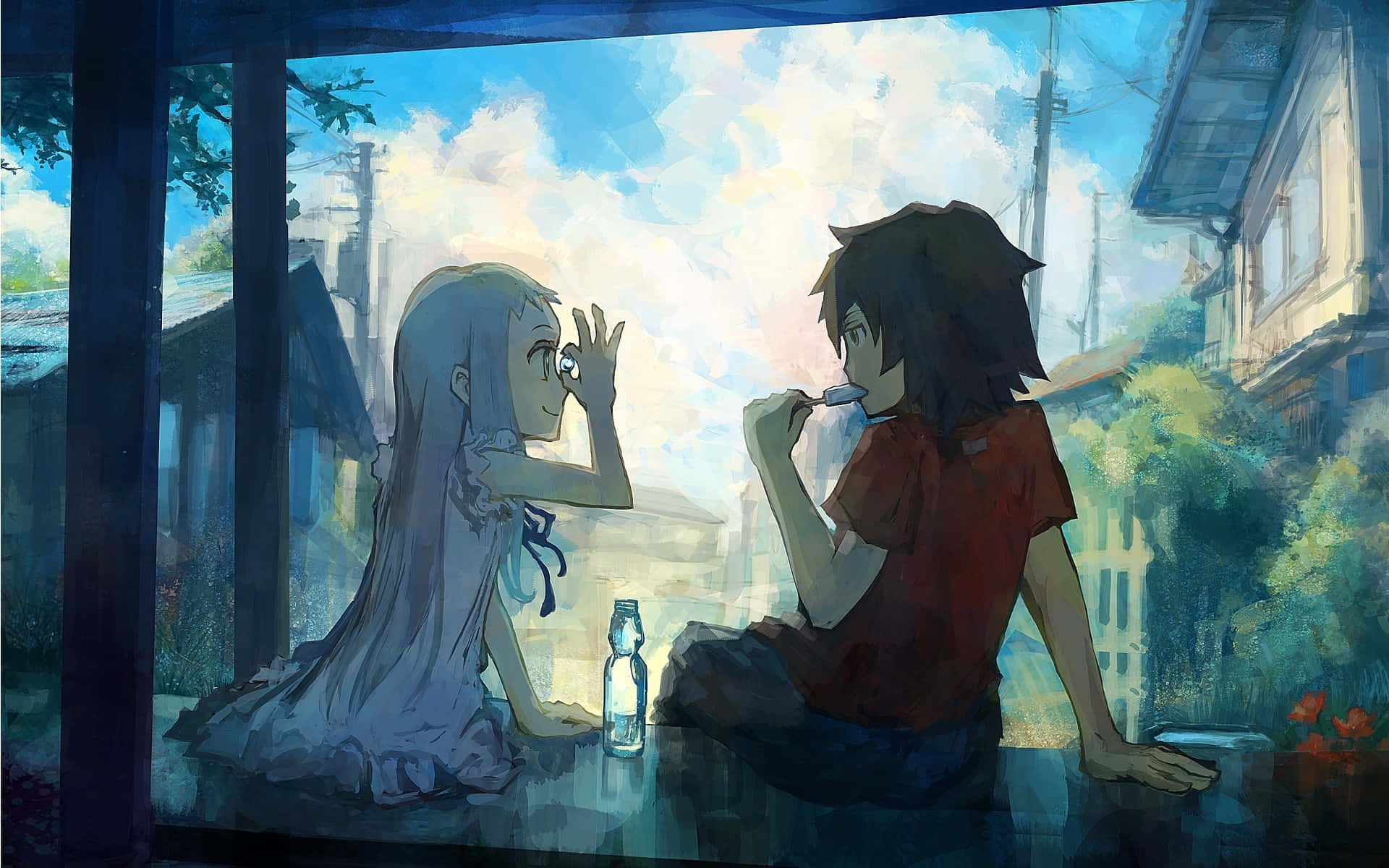Anohana 桌布 壁紙 — 兩個動漫角色坐在窗台上，在明亮的天空下分享一個安靜的時刻，中間放著一個瓶子。