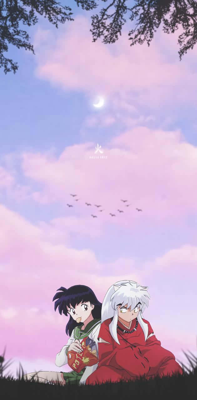 Inuyasha iPhone 桌布 壁紙 — 兩個動漫角色坐在粉紅色和紫色的暮色天空下，有新月和飛鳥。