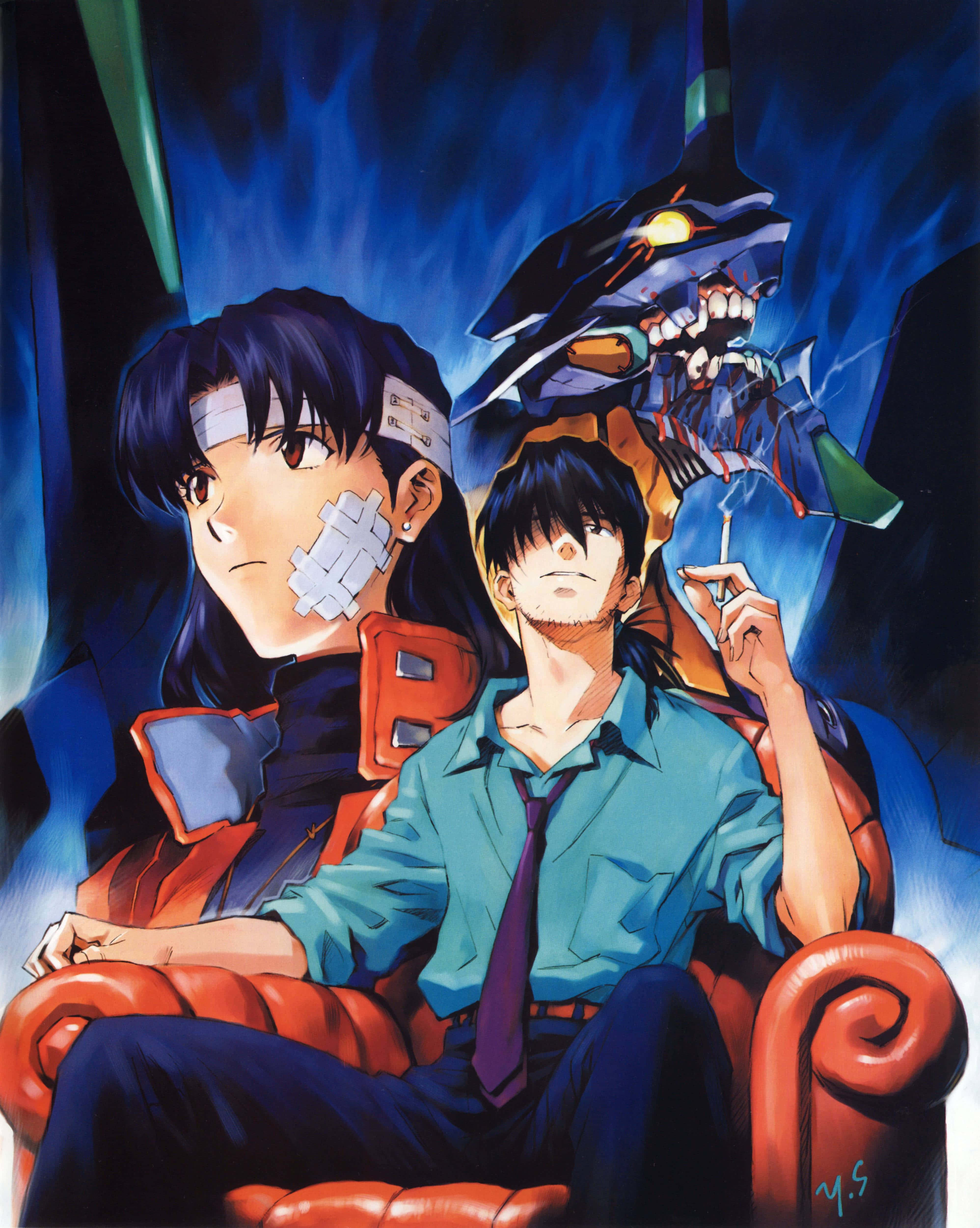Misato Katsuragi 桌布 壁紙 — 兩個動漫角色坐在紅色扶手椅上，背景是深藍色，身後有一個巨大的機械怪物若隱若現。