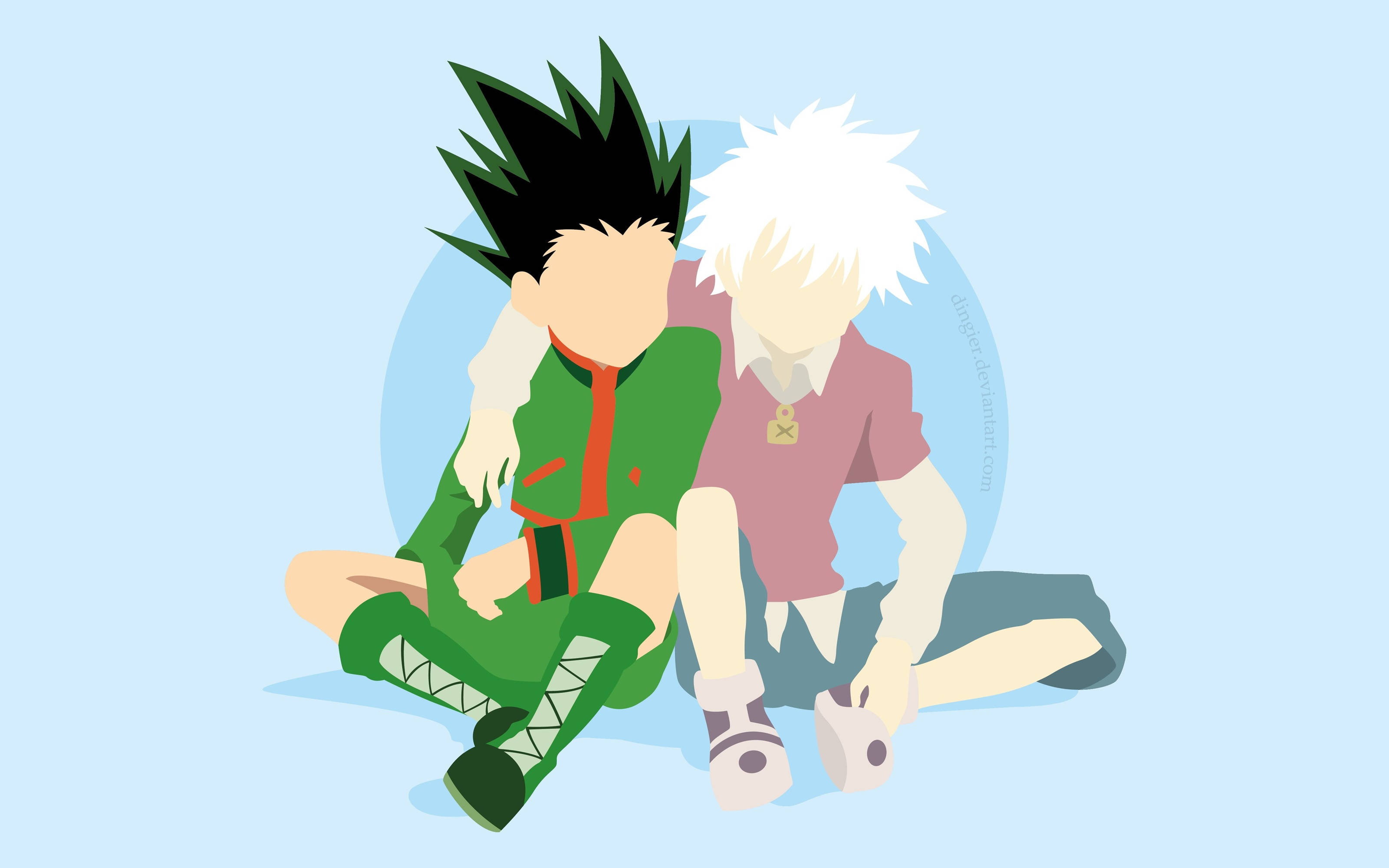 獵人 x 獵人 桌布 壁紙 — 兩個動漫角色坐在純淺藍色背景上，一個穿著綠色服裝，黑色刺蝟頭，另一個穿著粉紅色襯衫，白色刺蝟頭。