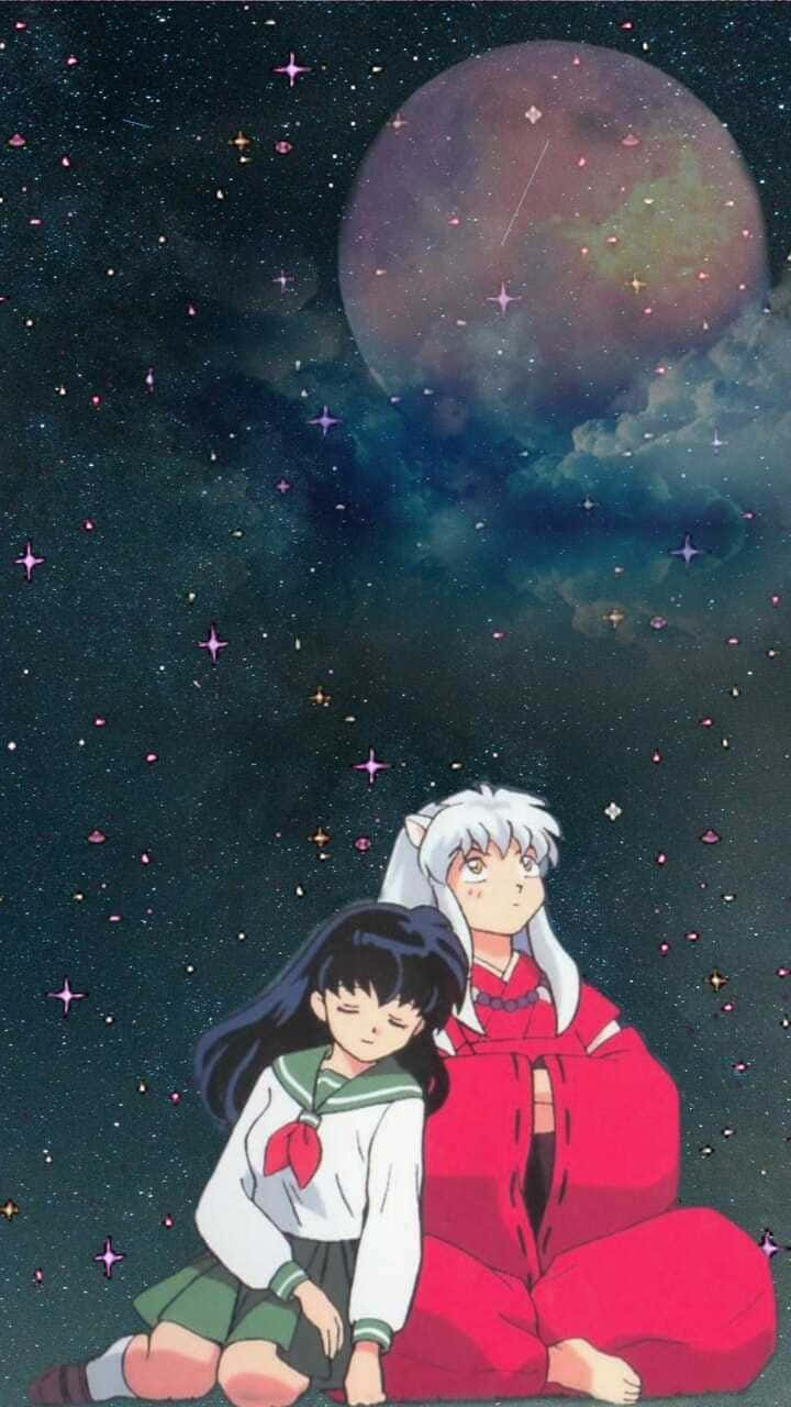 動漫男孩 桌布 壁紙 — 兩個動漫角色坐在繁星點點的夜空下，上方有一顆巨大的發光行星。
