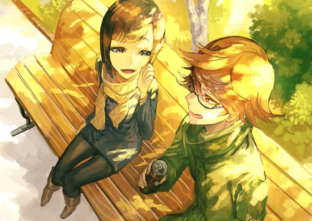 Nishiki Nishio 桌布 壁紙 — 兩個動漫角色坐在陽光照射的木長椅上，在金黃秋葉下共享寧靜時刻。