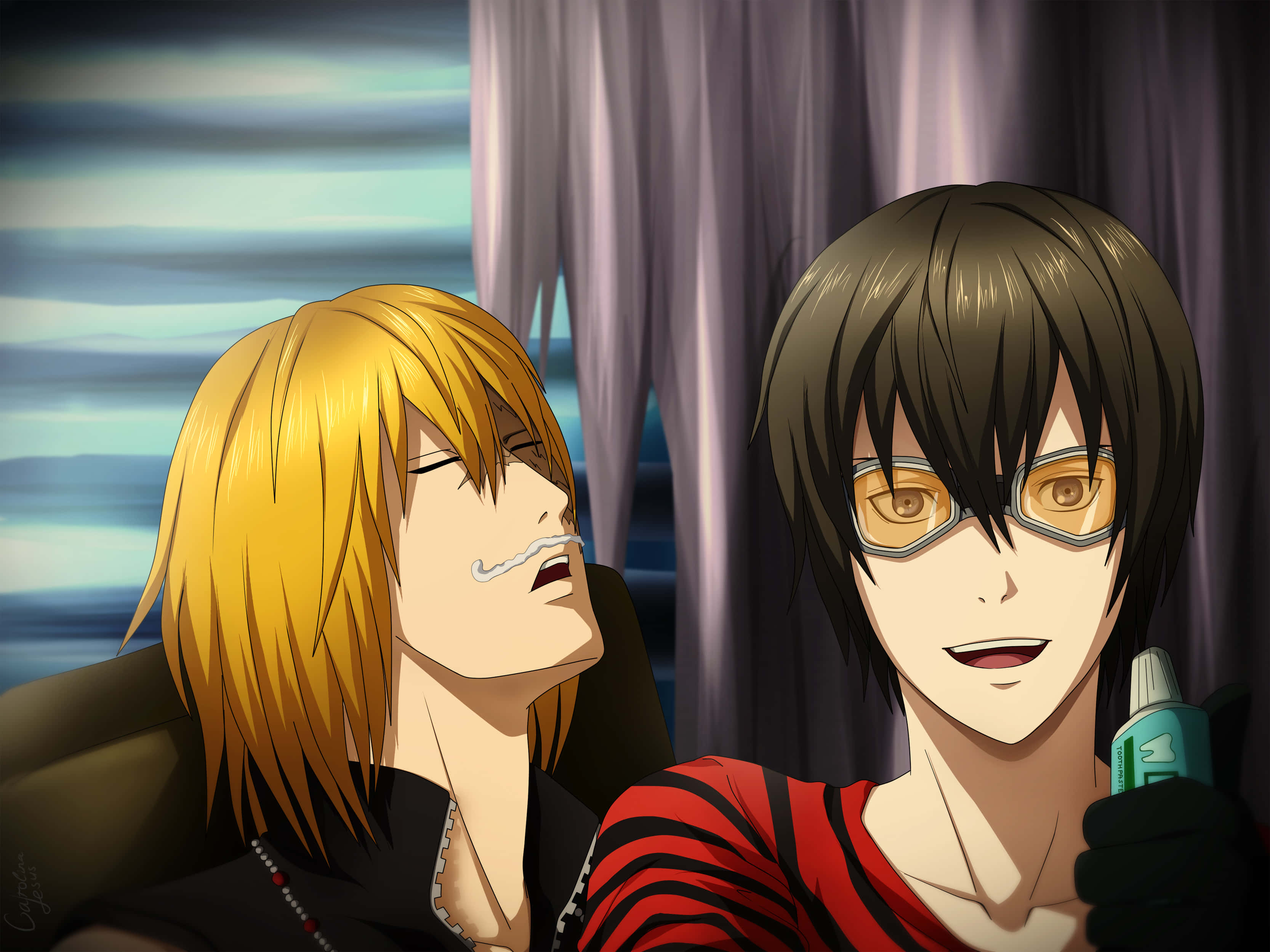 Death Note Matt 桌布 壁紙 — 兩個動漫角色坐得很近，一個金髮叼著煙，另一個黑髮戴眼鏡拿著瓶子。