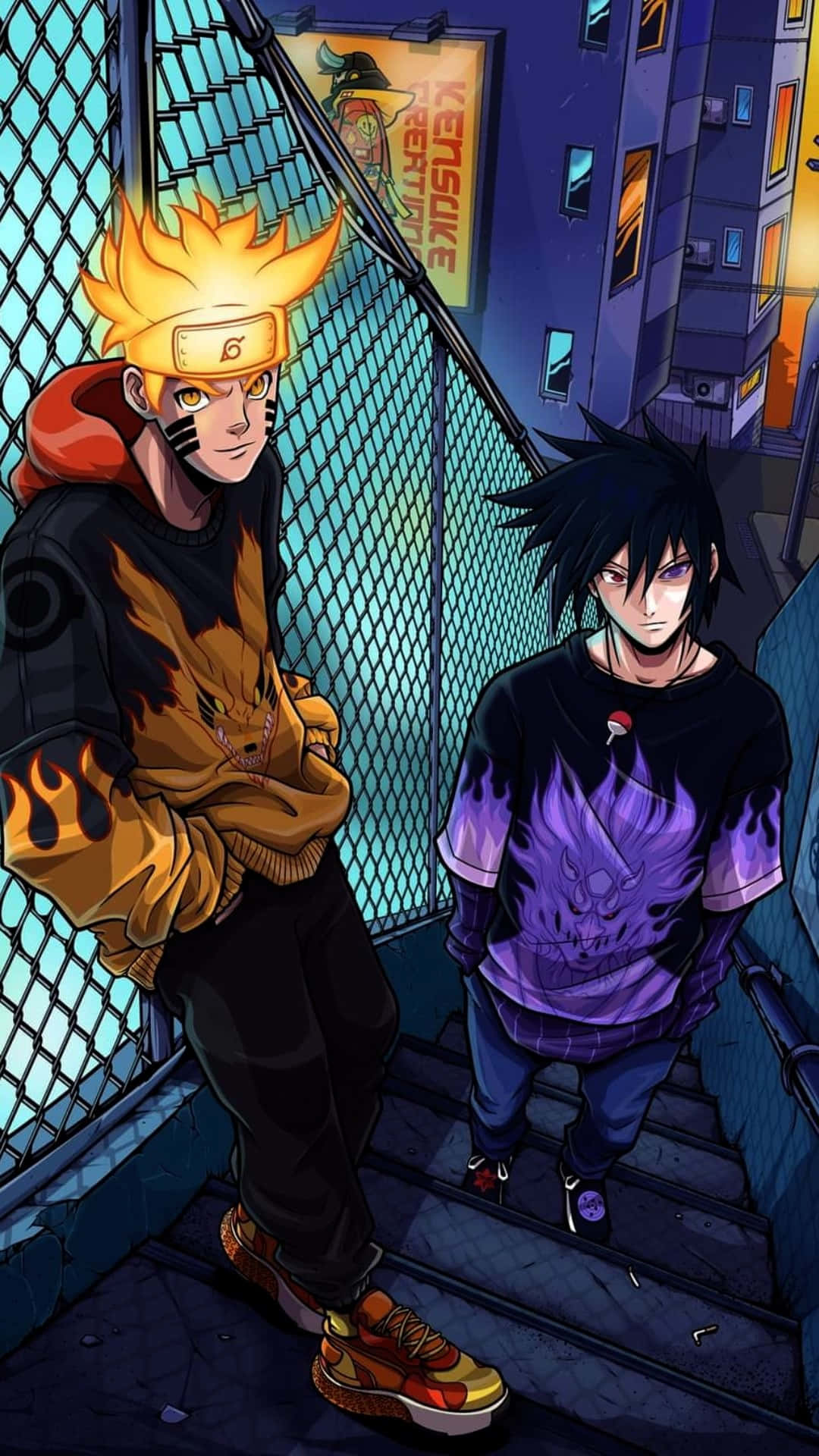 Sasuke Manga 桌布 壁紙 — 兩個動漫角色夜晚站在城市樓梯上，一個發出橙色火焰，另一個發出紫色火焰，背景是霓虹城市。