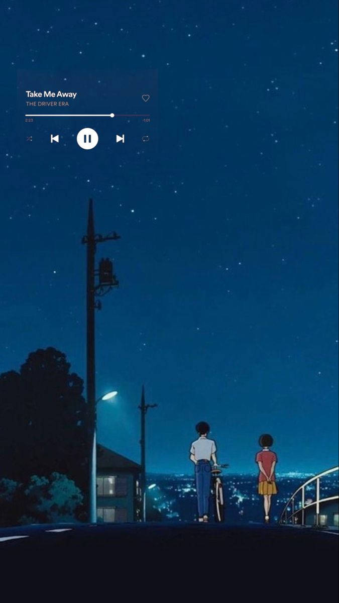 音樂美學 桌布 壁紙 — 兩個動漫角色夜晚站在橋上，凝視星空，並有音樂播放器疊加。