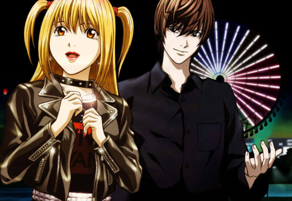 Light Yagami 桌布 壁紙 — 兩個動漫角色夜晚站在發光的摩天輪前，一個穿皮夾克，另一個穿黑襯衫。