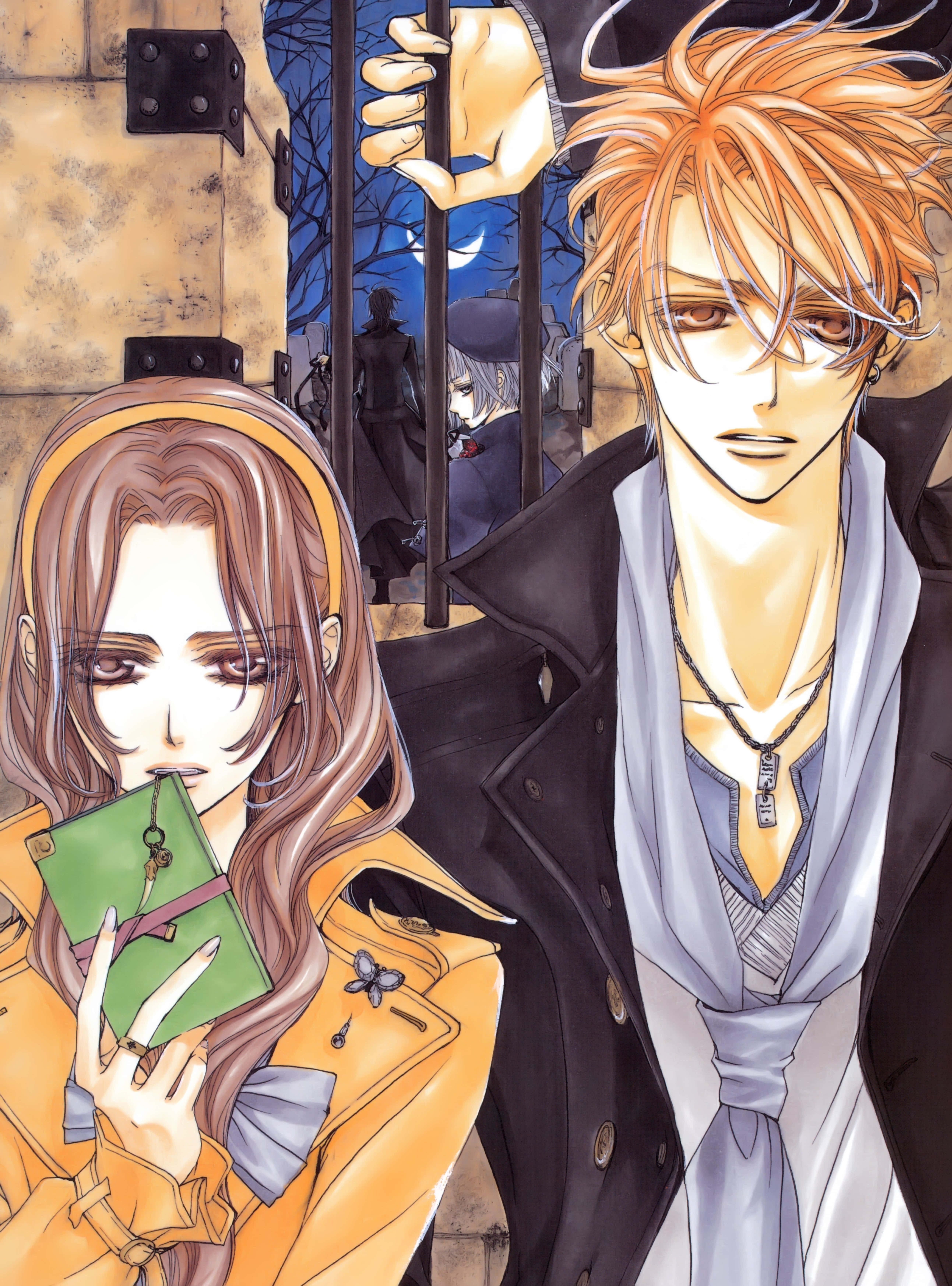 Akatsuki Kain 桌布 壁紙 — 兩個動漫角色夜晚站在鐵窗旁，一個拿著綠色書本，另一個抓著鐵欄杆，背景有月光。