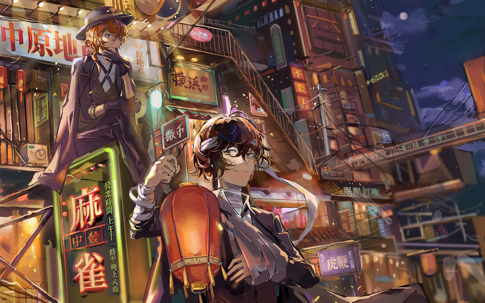 Chuya Nakahara 桌布 壁紙 — 兩個動漫角色夜晚站在霓虹燈照亮的城市小巷中，周圍是發光的招牌和燈籠。