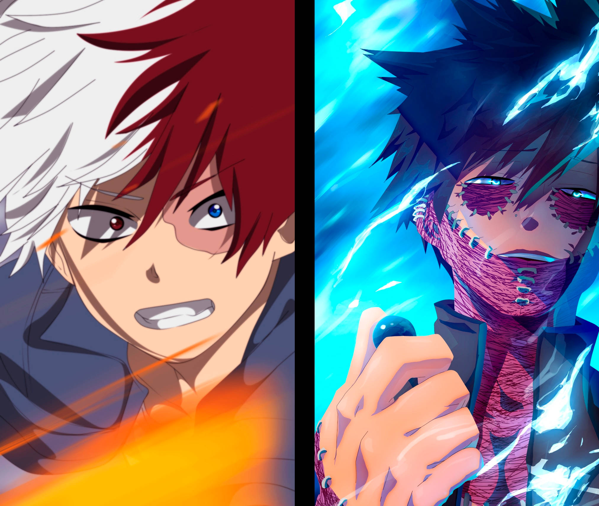 todoroki family 桌布 壁紙 — 兩個動漫角色對峙，一個帶有熾熱的橙色能量，另一個帶有電光藍色能量，在戲劇性的分屏戰鬥中。
