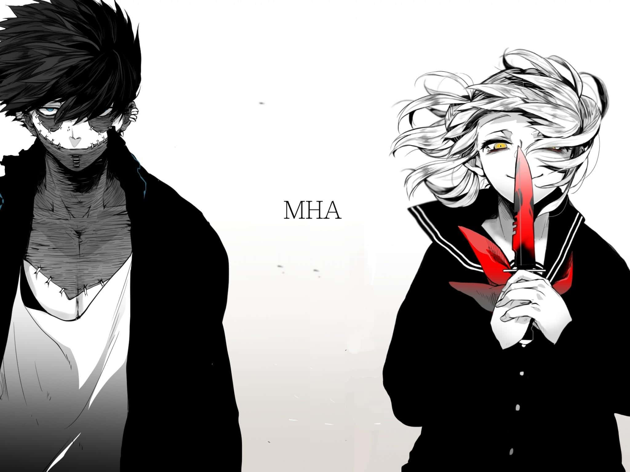 Himiko Toga Aesthetic 桌布 壁紙 — 兩個動漫角色對峙，一個有縫合臉和黑色外套，另一個有紅色刀刃和校服。