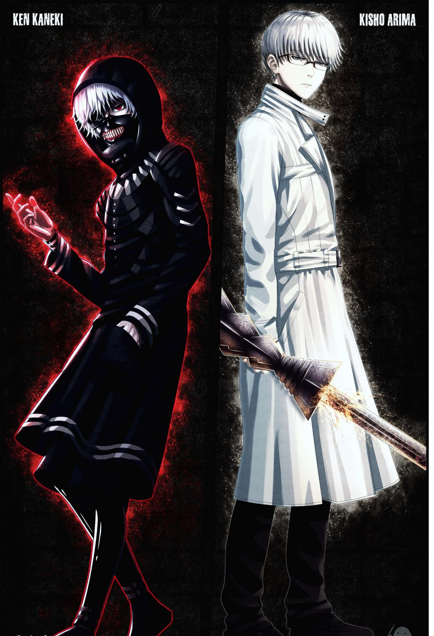 Kishou Arima 桌布 壁紙 — 兩個動漫角色對峙，一個穿著黑色連帽衫發出紅光，另一個穿著白色外套手持火焰劍。