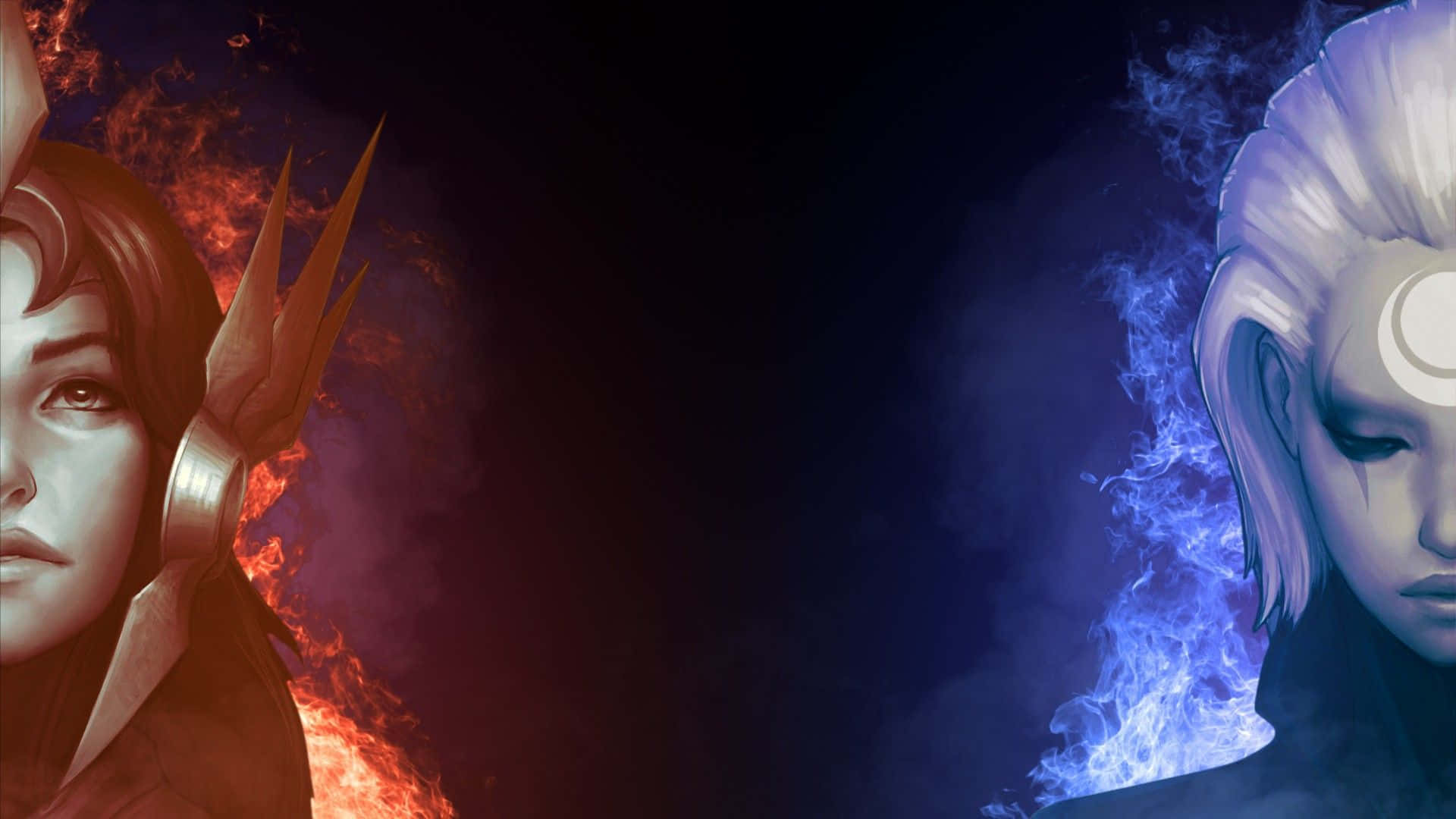 League Of Legends Dual Screen 桌布 壁紙 — 兩個動漫角色對峙——一個被熾熱的紅色火焰吞噬，另一個被冰冷的藍色火焰吞噬，背景漆黑。