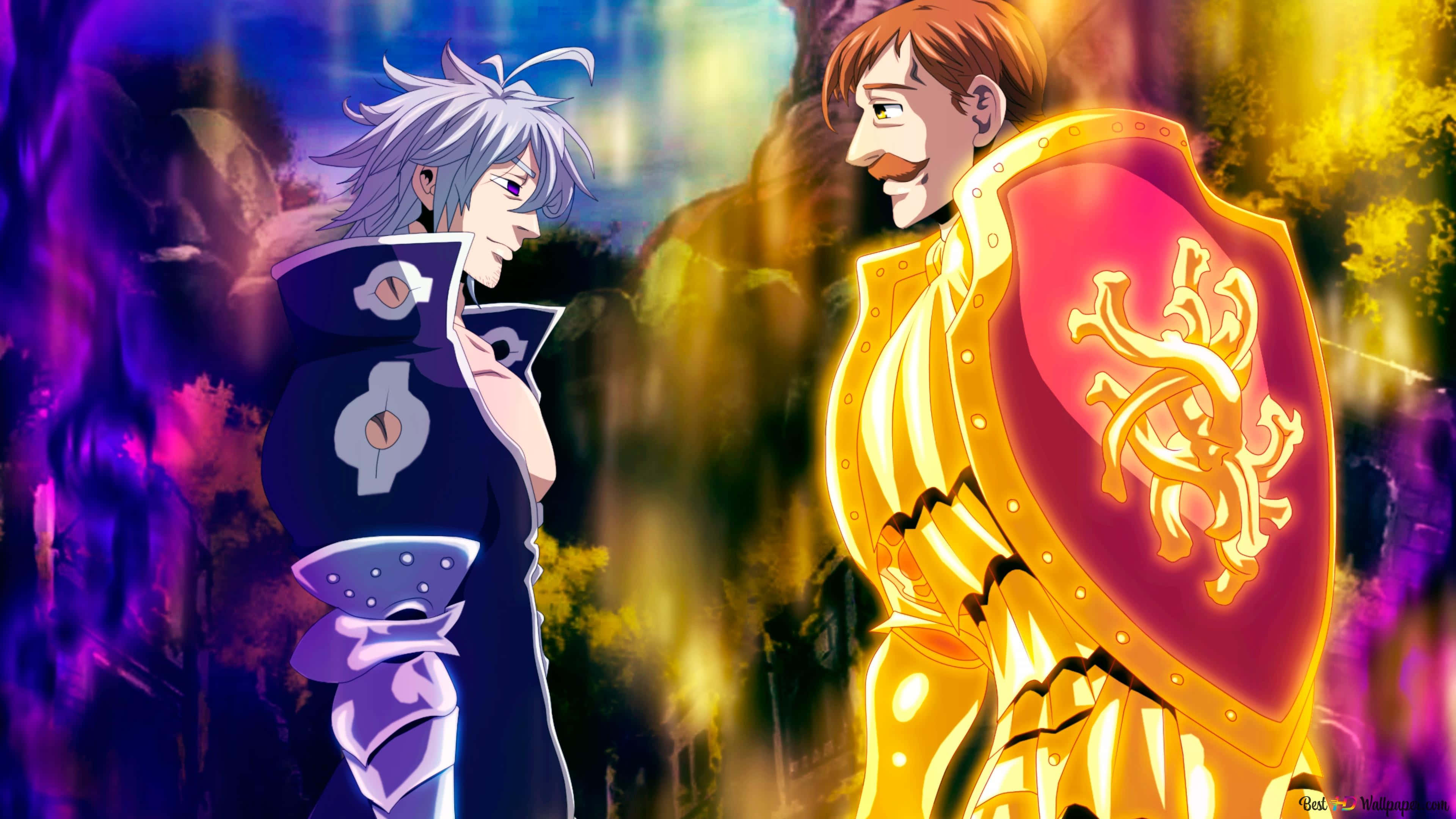 Seven Deadly Sins 4K 桌布 壁紙 — 兩個動漫角色對峙——一個身穿暗色盔甲，另一個身穿金色騎士裝備，手持發光盾牌。