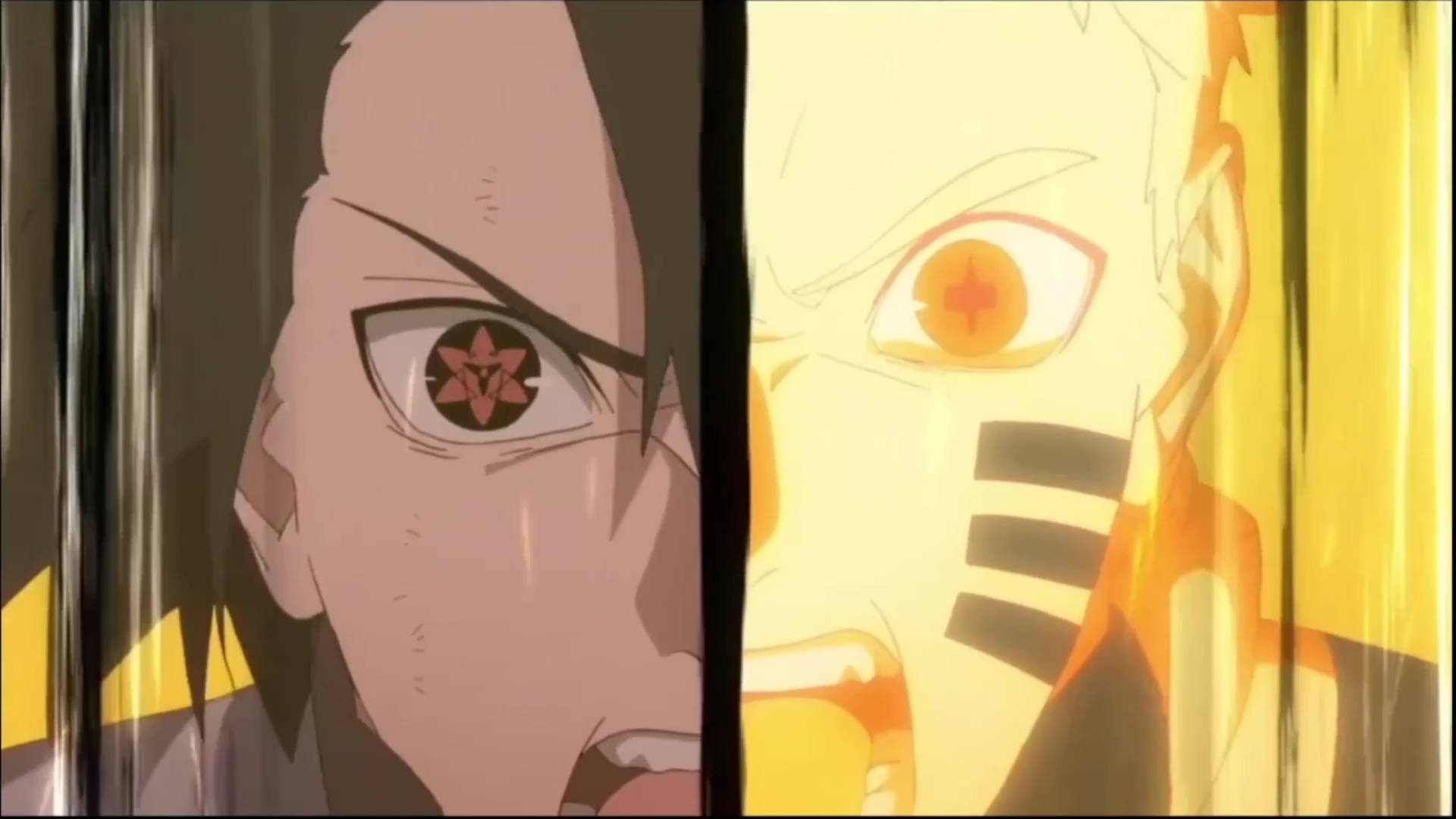 Naruto And Sasuke 桌布 壁紙 — 兩個動漫角色對峙，眼睛發出強烈光芒，一個有紅色巴紋，另一個有金色九尾狐圖案。
