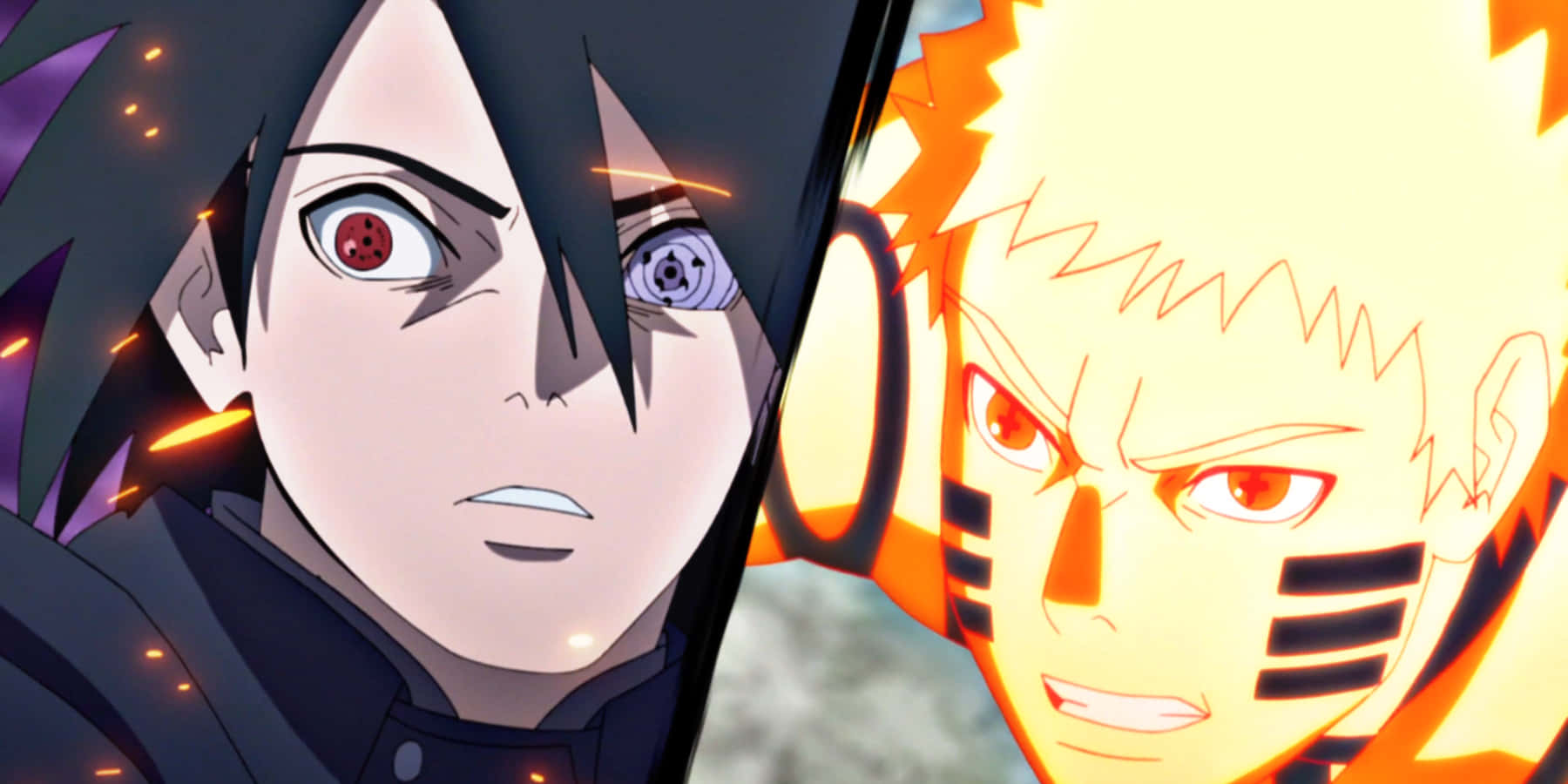 Sasuke 桌布 壁紙 — 兩個動漫角色對峙，雙眼發出強烈光芒，並從身體散發出熾熱能量。